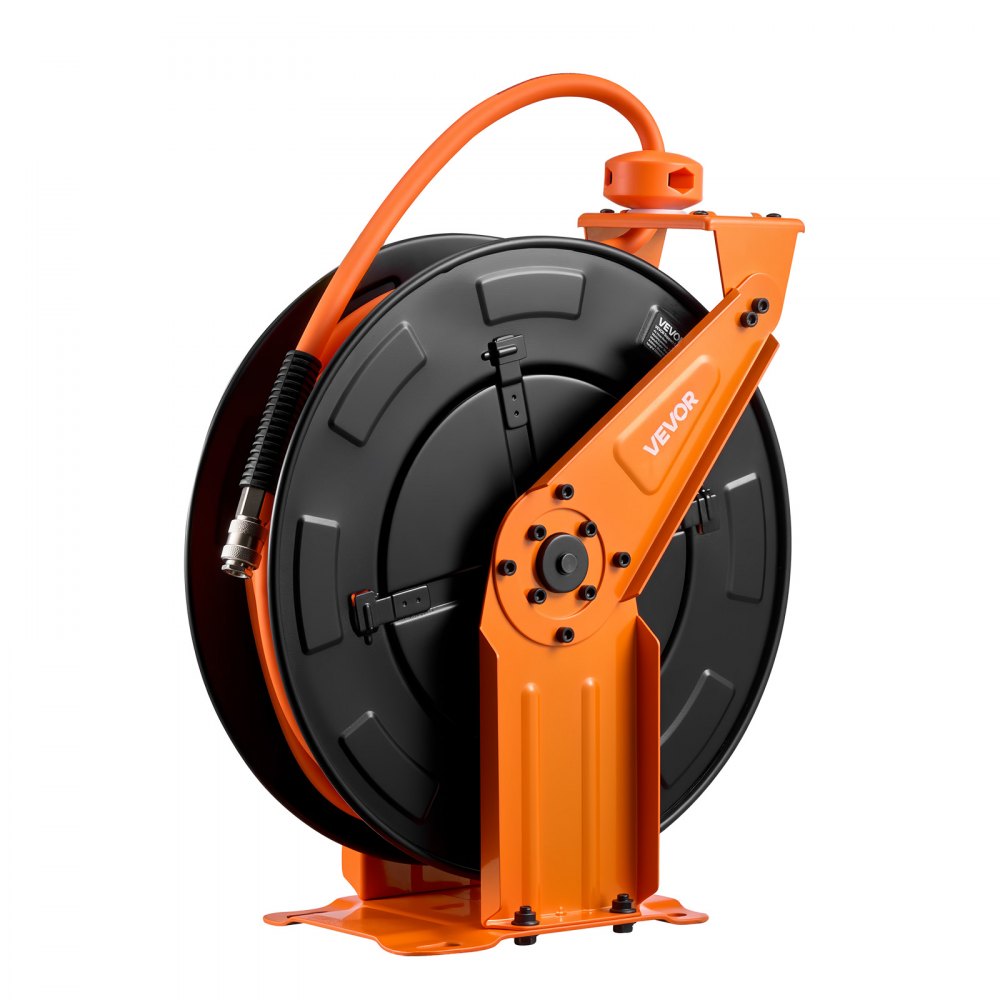VEVOR Carrete de Manguera de Aire Retráctil 15 m x 9,5 mm, Manguera para Compresor de Aire Presión Máxima de 300 PSI, con Entrada de 1,52 m, Brazo Doble para Montaje en Techo o Pared, para Taller