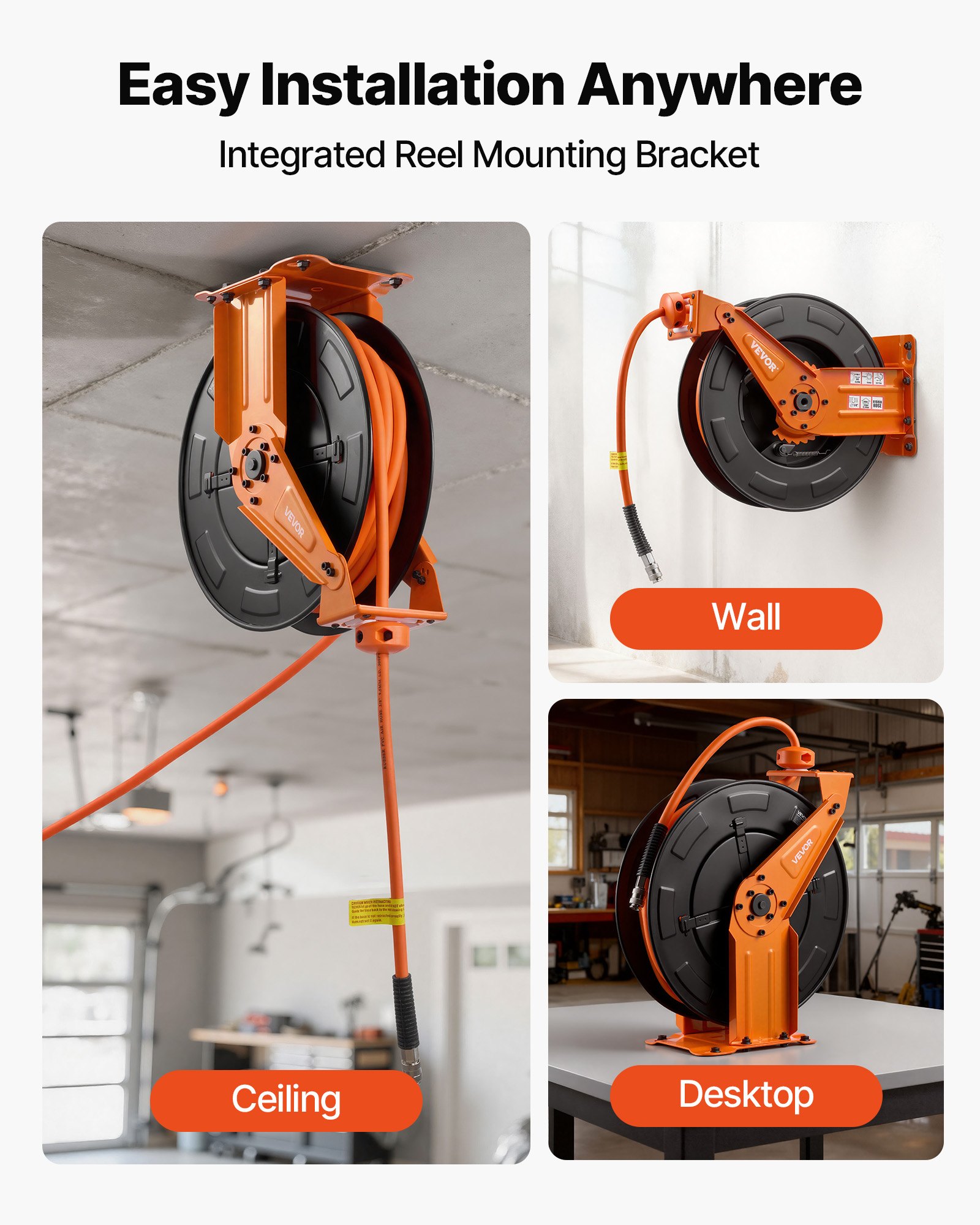 VEVOR Carrete de Manguera de Aire Retráctil 15 m x 9,5 mm, Manguera para Compresor de Aire Presión Máxima de 300 PSI, con Entrada de 1,52 m, Brazo Doble para Montaje en Techo o Pared, para Taller