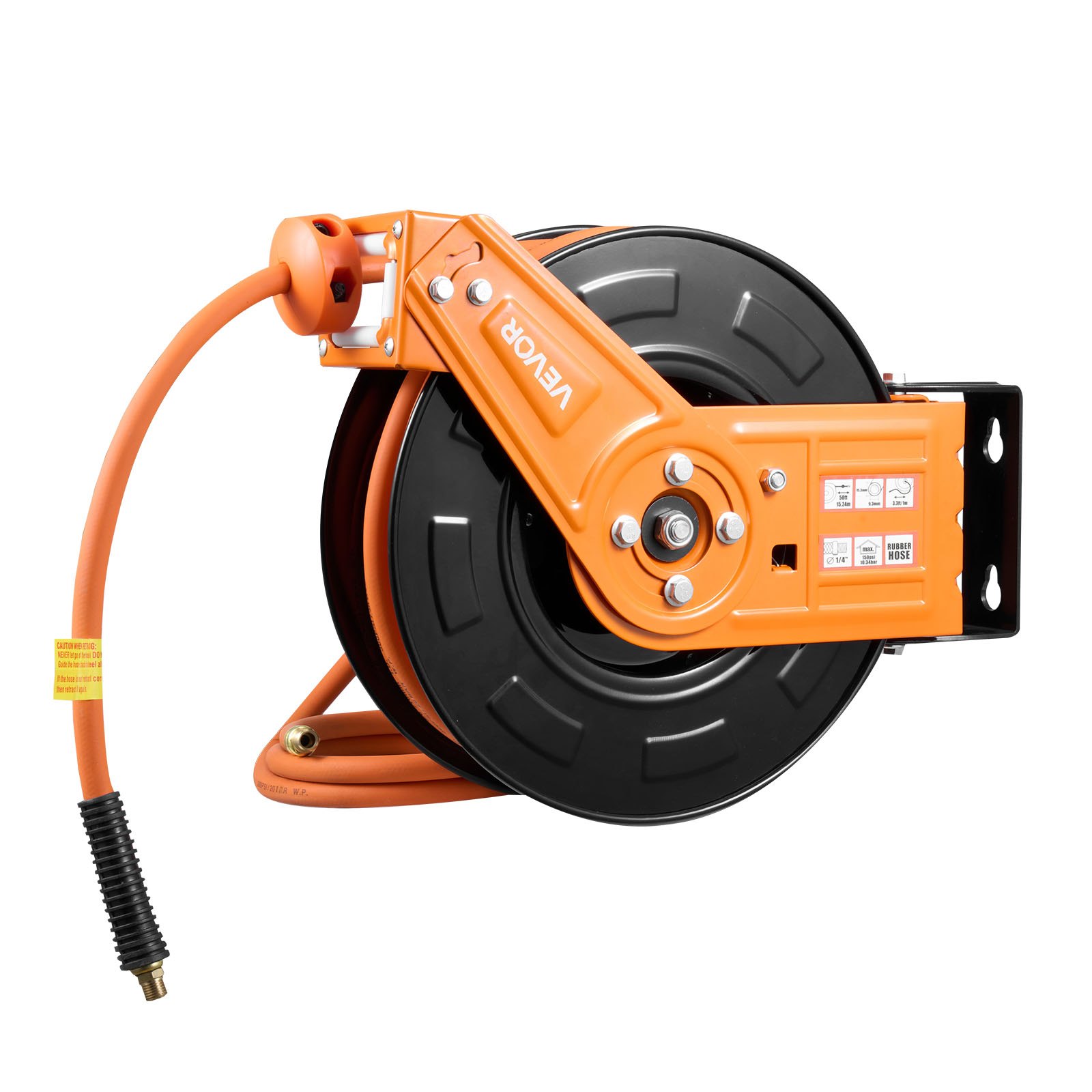 VEVOR Carrete de Manguera de Aire Retráctil 15 m x 9,5 mm, Manguera para Compresor de Aire Presión Máxima de 300 PSI, con Entrada de 1 m, Brazo Único para Montaje en Techo o Pared, para Garaje
