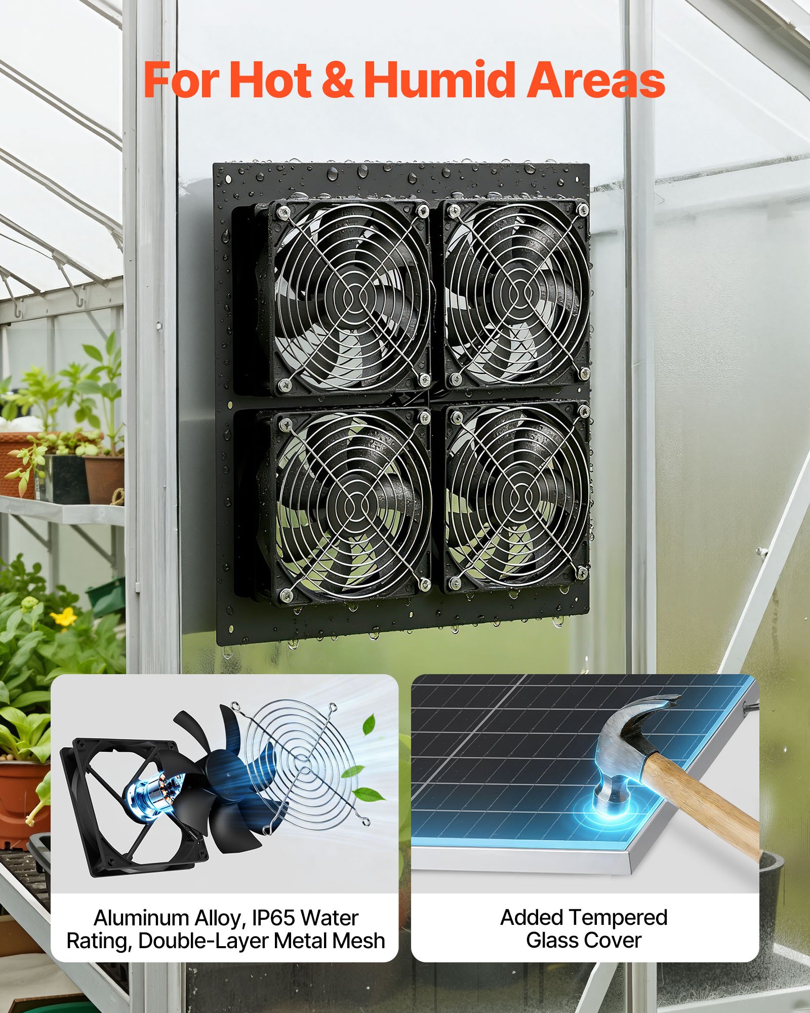 VEVOR Ventilador Solar 440 CFM, 4 Ventiladores, Panel Solar 25 W Ajustable, Alta Velocidad de 2668 RPM, Intercambio de Aire para Carpa de Cultivo, Invernadero, Gallinero, Montaje en Pared Techo Suelo