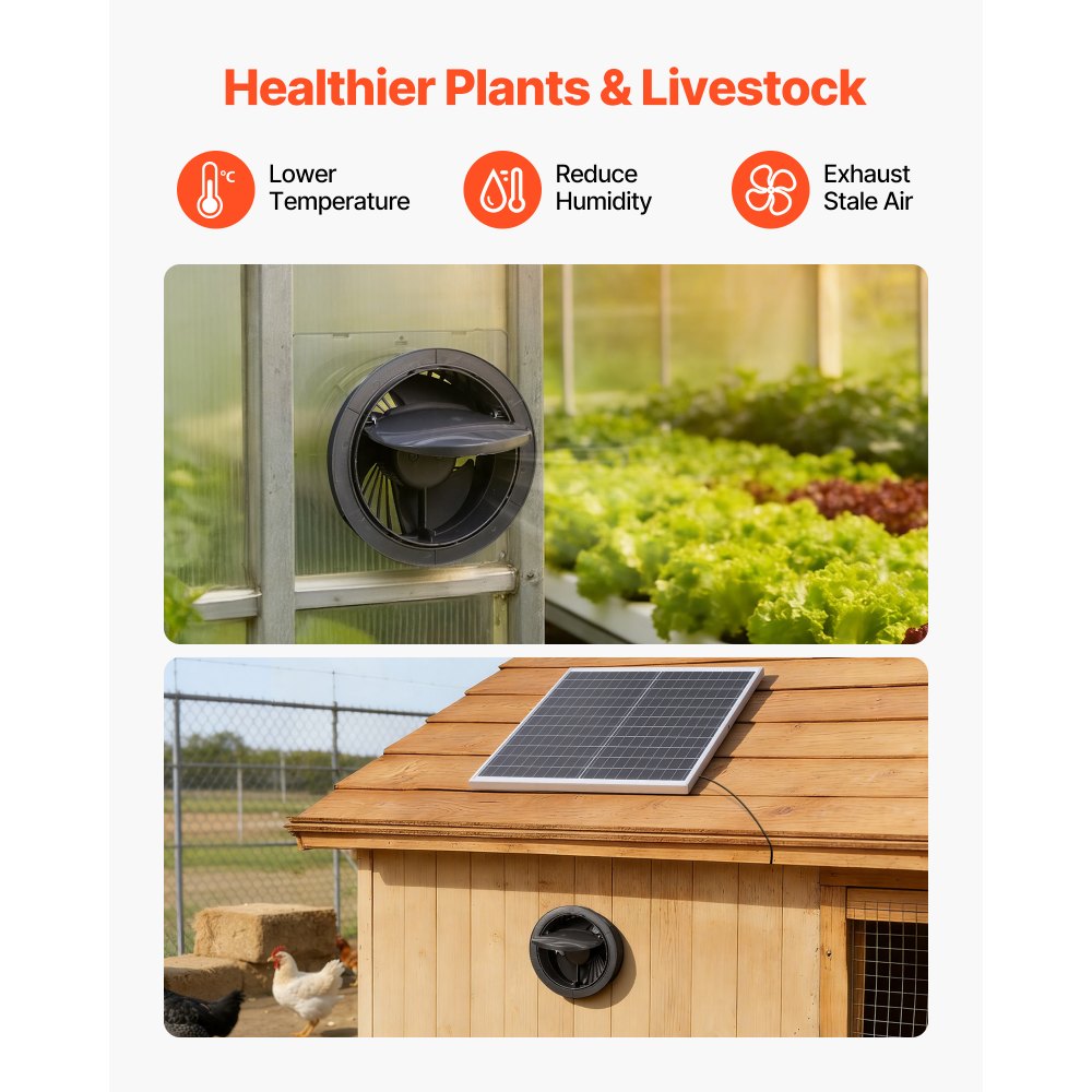 VEVOR Ventilador Solar con Flujo de Aire de 374 m³/h, Panel Solar 25 W Ajustable, Velocidad de 2030 RPM, Intercambio de Aire para Invernadero, Gallinero, Carpa de Cultivo, Montaje en Suelo Techo Pared