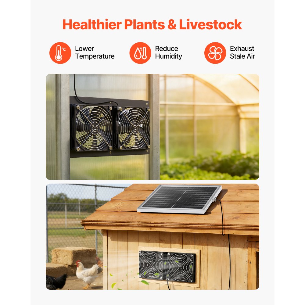 VEVOR Ventilador Solar 240 CFM Doble Ventilador, Panel Solar 15 W Ajustable, Alta Velocidad de 2668 RPM, Intercambio de Aire para Invernadero, Carpa de Cultivo, Gallinero, Montaje en Techo Pared Suelo