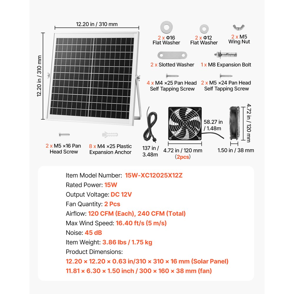 VEVOR Ventilador Solar 240 CFM Doble Ventilador, Panel Solar 15 W Ajustable, Alta Velocidad de 2668 RPM, Intercambio de Aire para Invernadero, Carpa de Cultivo, Gallinero, Montaje en Techo Pared Suelo