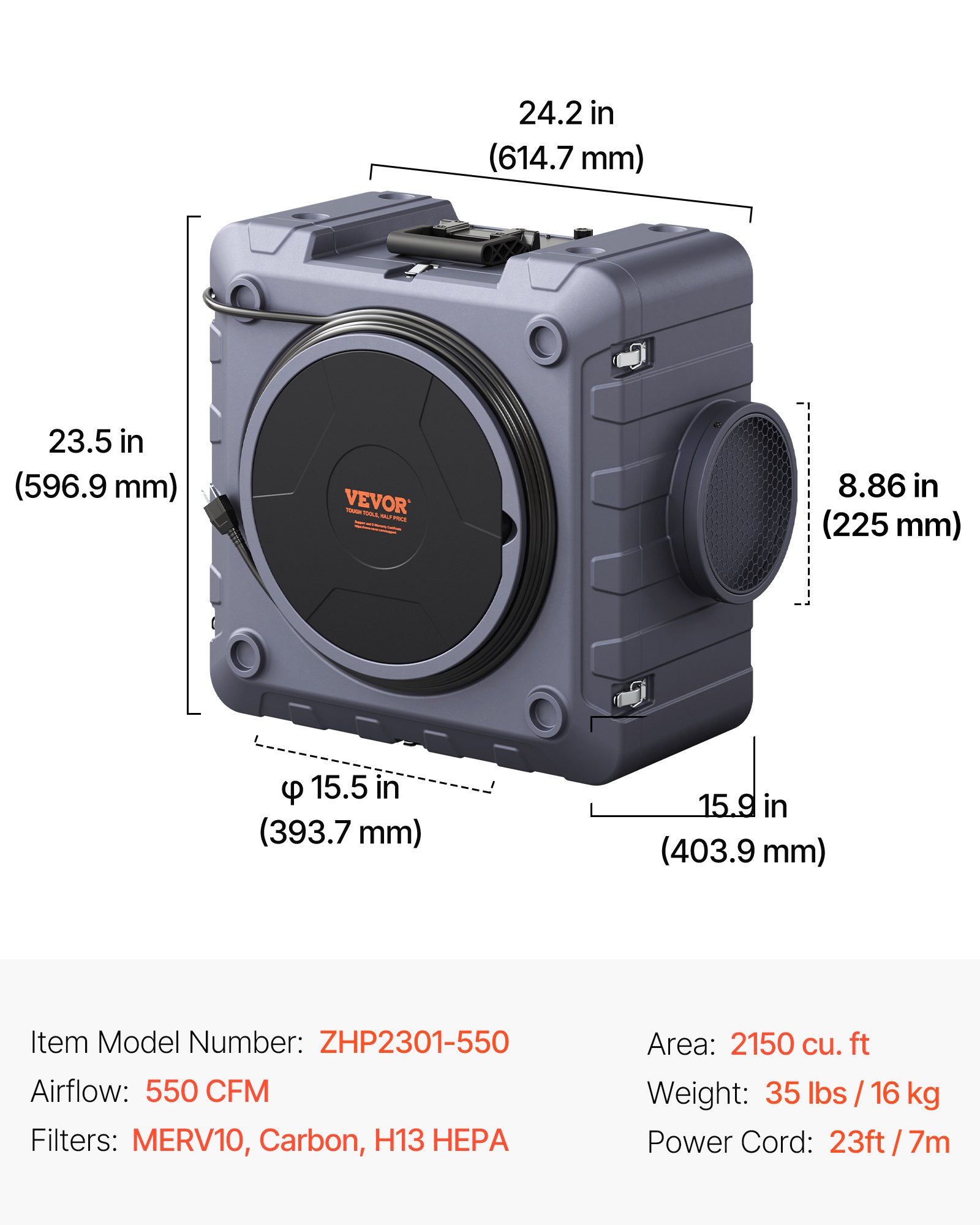 VEVOR Purificador de Aire con Máquina de Aire Negativo Apilable 3 Etapas 550 CFM