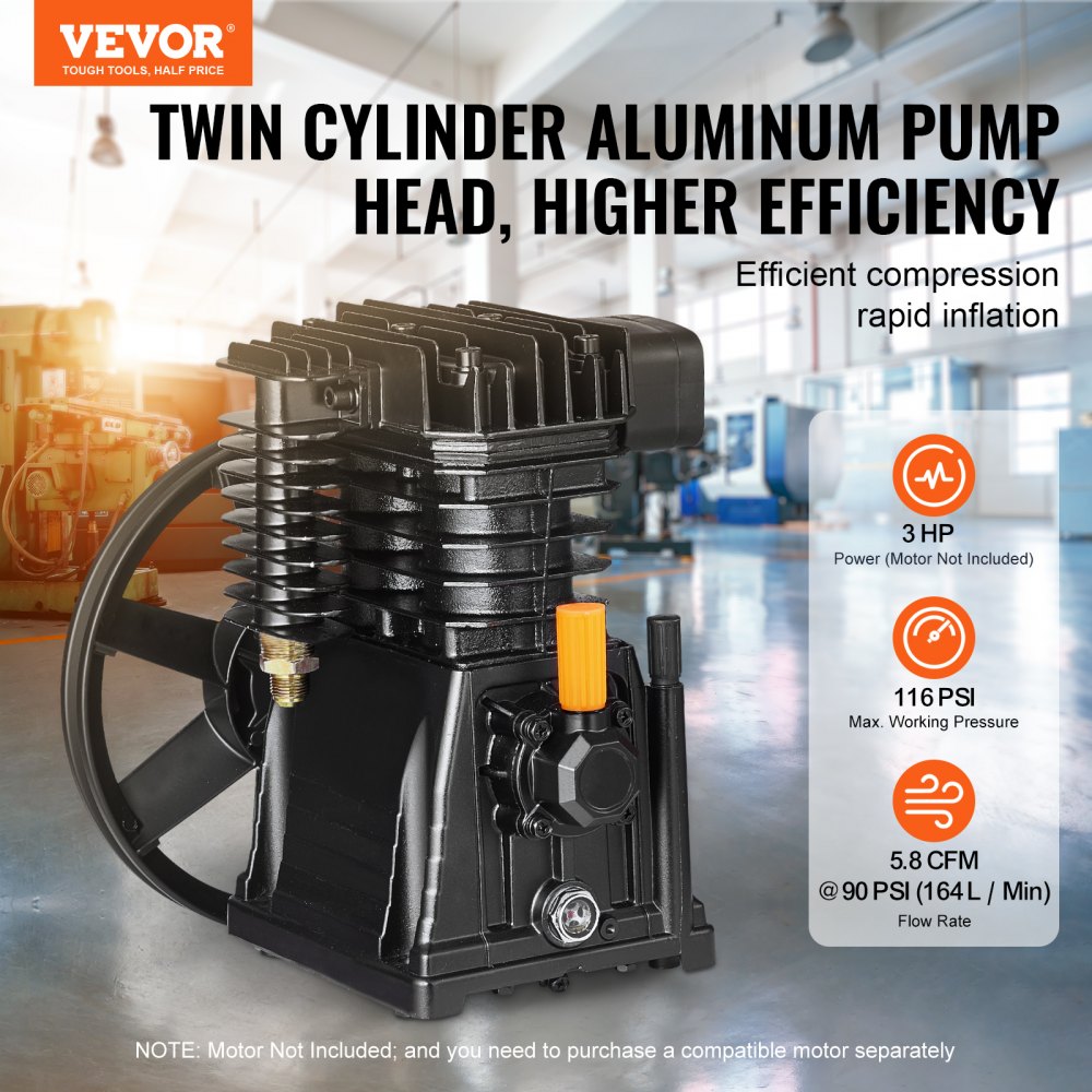 VEVOR Cabezal de Bomba de Compresor de Aire, 3 HP, 5,8 CFM a 90 PSI, Lubricado con Aceite de Cilindro Doble de Aluminio de Una Etapa con Presión Máxima de 116 PSI, 164 L/min, 300 x 265 x 335 mm