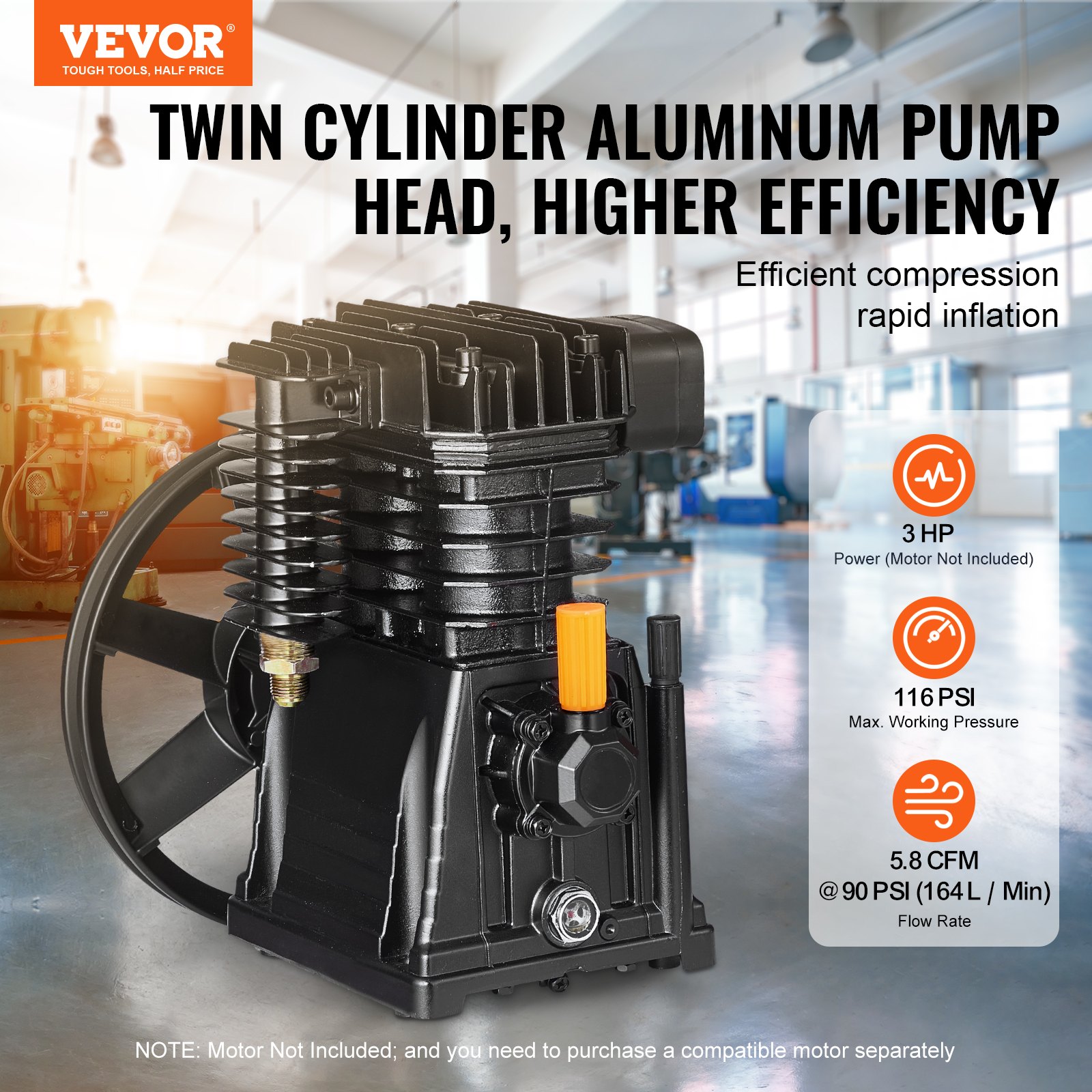 VEVOR Cabezal de Bomba de Compresor de Aire, 3 HP, 5,8 CFM a 90 PSI, Lubricado con Aceite de Cilindro Doble de Aluminio de Una Etapa con Presión Máxima de 116 PSI, 164 L/min, 300 x 265 x 335 mm