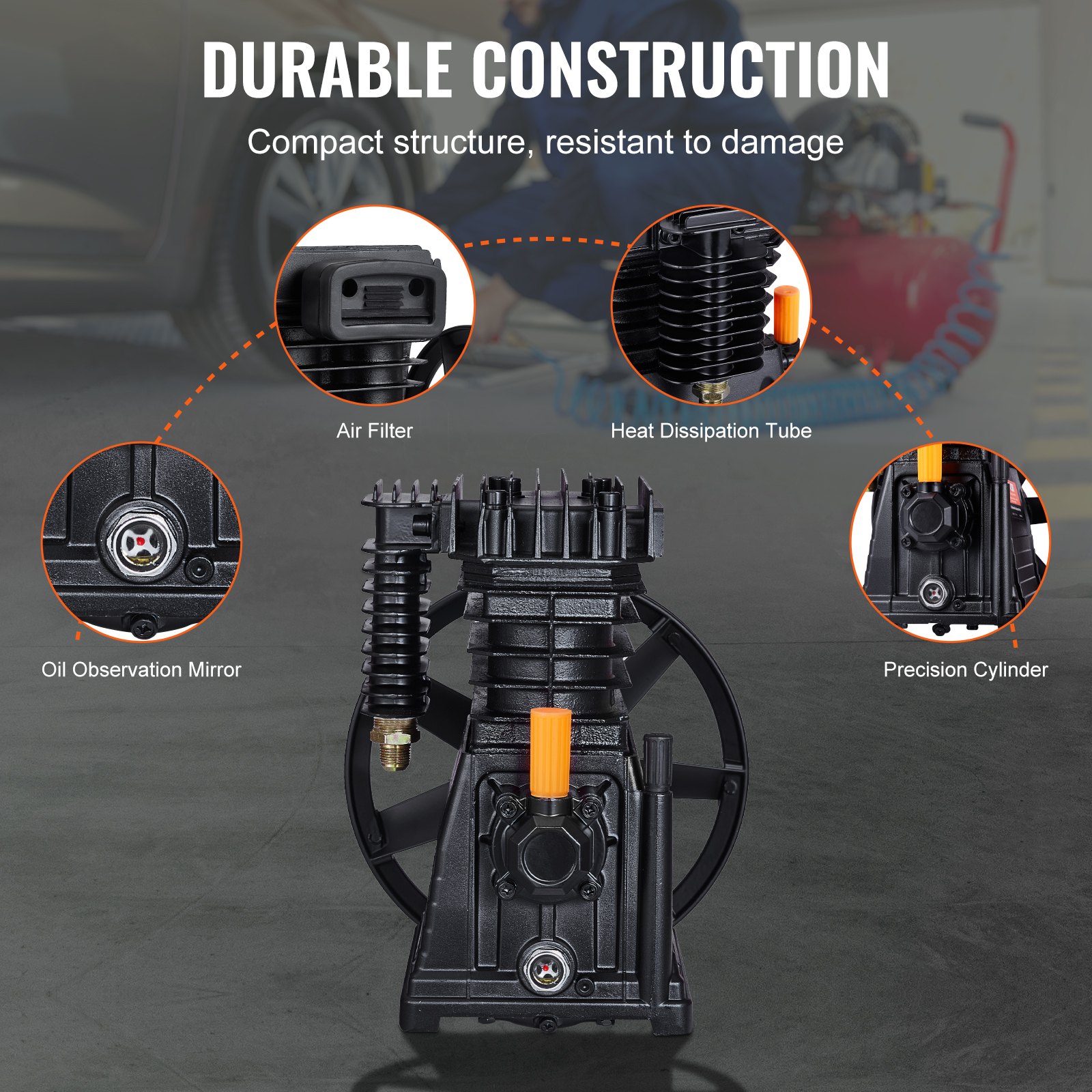 VEVOR Cabezal de Bomba de Compresor de Aire, 3 HP, 5,8 CFM a 90 PSI, Lubricado con Aceite de Cilindro Doble de Aluminio de Una Etapa con Presión Máxima de 116 PSI, 164 L/min, 300 x 265 x 335 mm