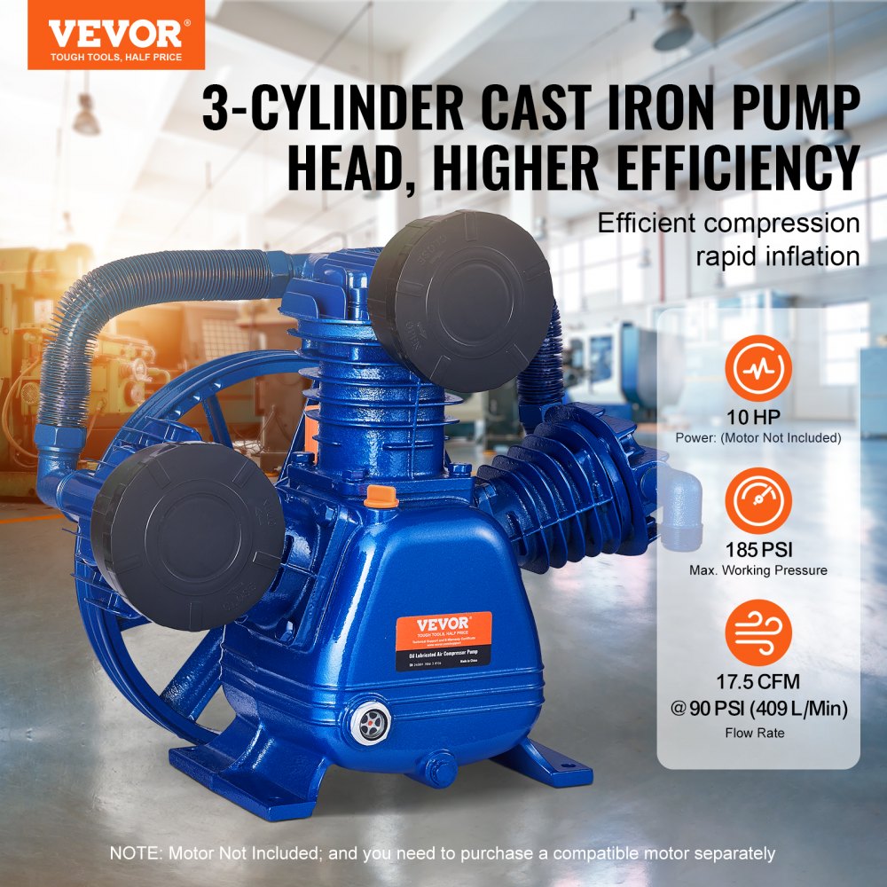 VEVOR Cabezal de Bomba de Compresor de Aire, 10 HP, 17,5 CFM a 90 PSI, Lubricado con Aceite de 3 Cilindros, Hierro Fundido Tipo V de Doble Etapa con Presión Máxima de 185 PSI, 565 x 420 x 486 mm