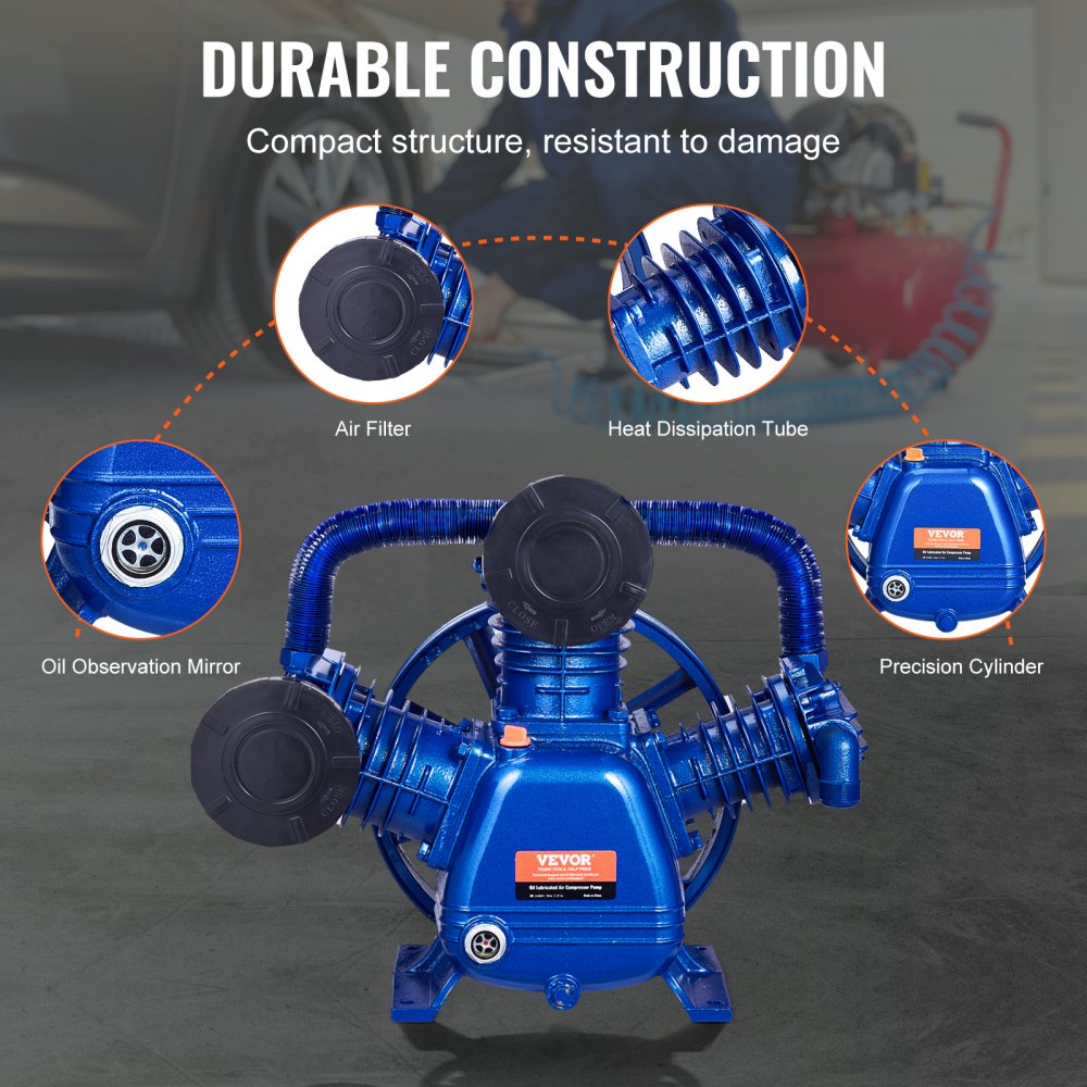 VEVOR Cabezal de Bomba de Compresor de Aire, 10 HP, 17,5 CFM a 90 PSI, Lubricado con Aceite de 3 Cilindros, Hierro Fundido Tipo V de Doble Etapa con Presión Máxima de 185 PSI, 565 x 420 x 486 mm