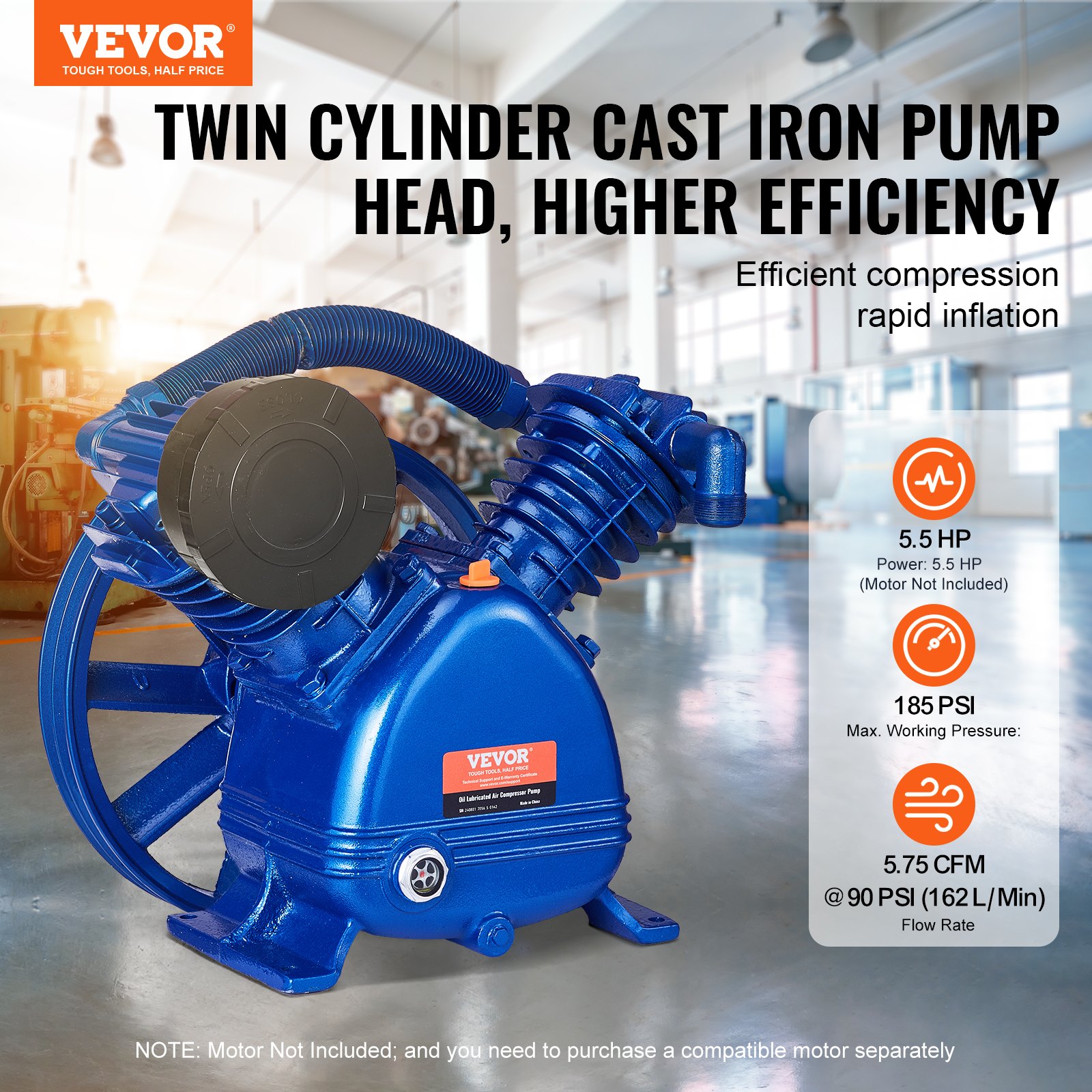 VEVOR Cabezal de Bomba de Compresor de Aire, 5,5 HP 5,75 CFM a 90 PSI, Lubricado con Aceite de Cilindro Doble, Hierro Fundido Tipo V de Doble Etapa con Presión Máxima de 185 PSI, 425 x 300 x 420 mm