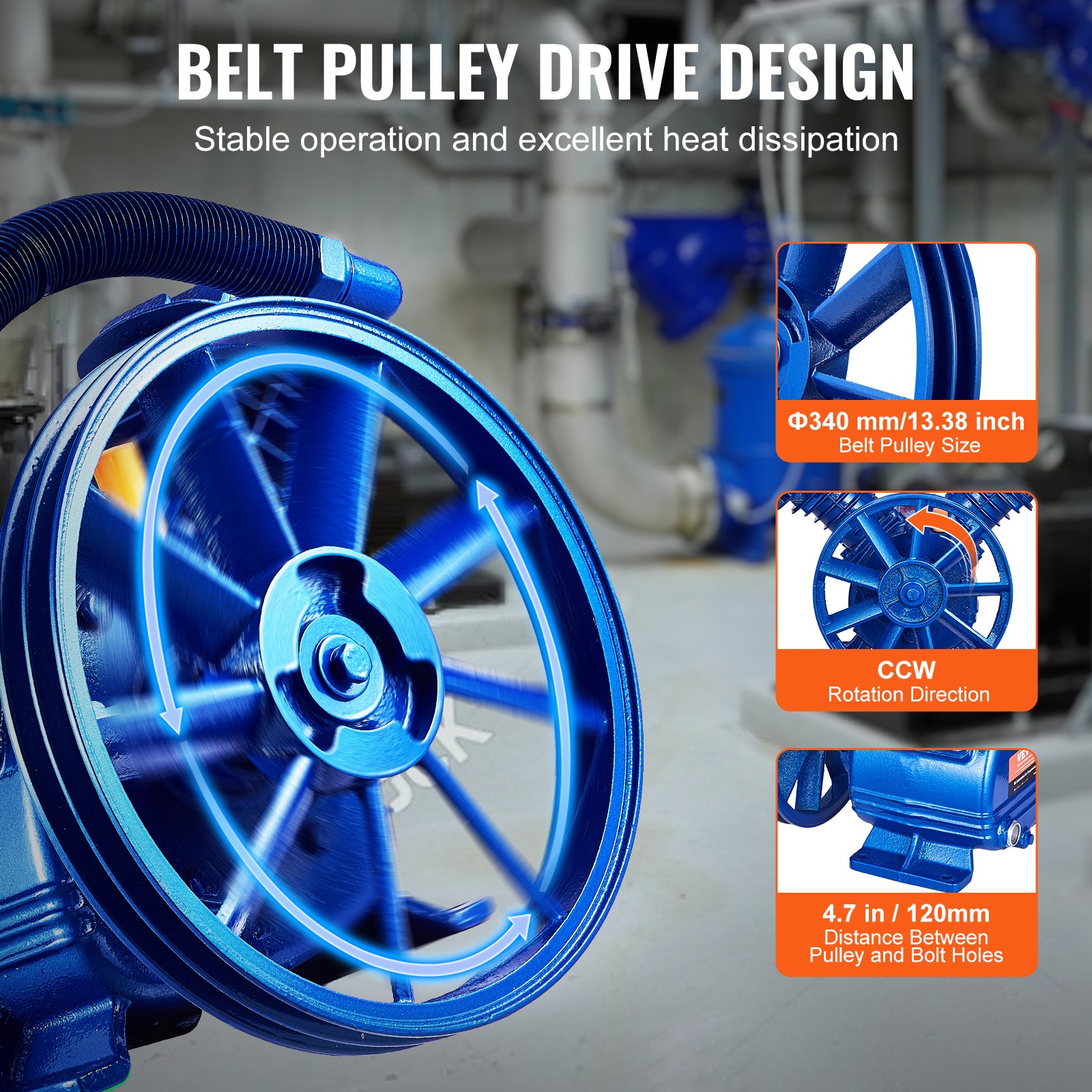 VEVOR Cabezal de Bomba de Compresor de Aire, 5,5 HP 5,75 CFM a 90 PSI, Lubricado con Aceite de Cilindro Doble, Hierro Fundido Tipo V de Doble Etapa con Presión Máxima de 185 PSI, 425 x 300 x 420 mm