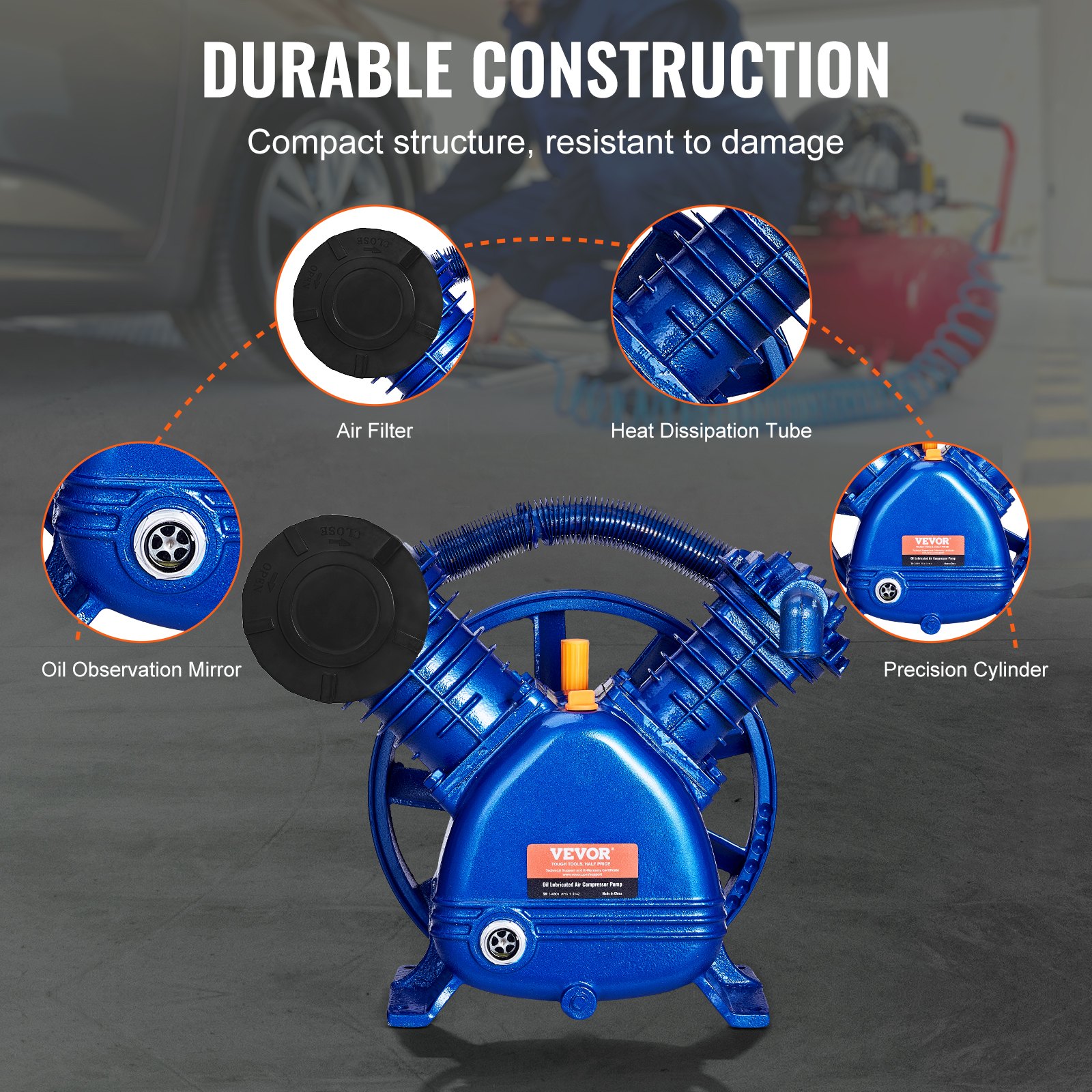 VEVOR Cabezal de Bomba de Compresor de Aire, 5,5 HP 5,75 CFM a 90 PSI, Lubricado con Aceite de Cilindro Doble, Hierro Fundido Tipo V de Doble Etapa con Presión Máxima de 185 PSI, 425 x 300 x 420 mm