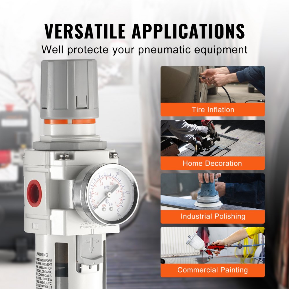 VEVOR Regulador de filtro de compresor de aire 1/2" NPT 5 μm compresor secador de aire separador de agua semiautomático de compresor de aire una sola etapa con elemento filtrante de latón, 7,5-125 PSI