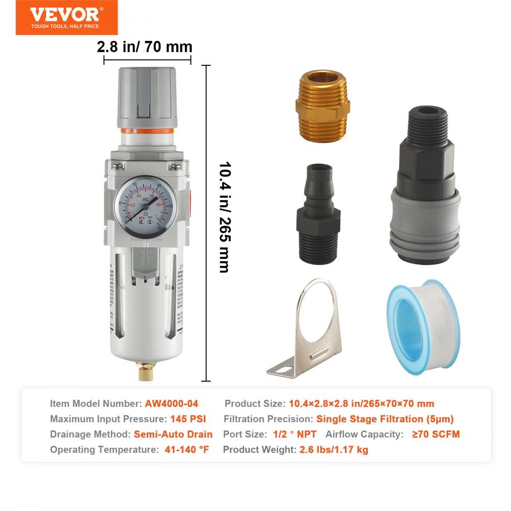 VEVOR Regulador de filtro de compresor de aire 1/2" NPT 5 μm compresor secador de aire separador de agua semiautomático de compresor de aire una sola etapa con elemento filtrante de latón, 7,5-125 PSI