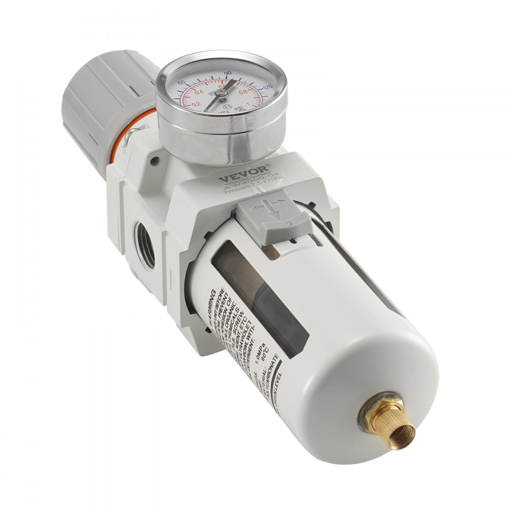 VEVOR Regulador de filtro de compresor de aire 1/2" NPT 5 μm compresor secador de aire separador de agua semiautomático de compresor de aire una sola etapa con elemento filtrante de latón, 7,5-125 PSI