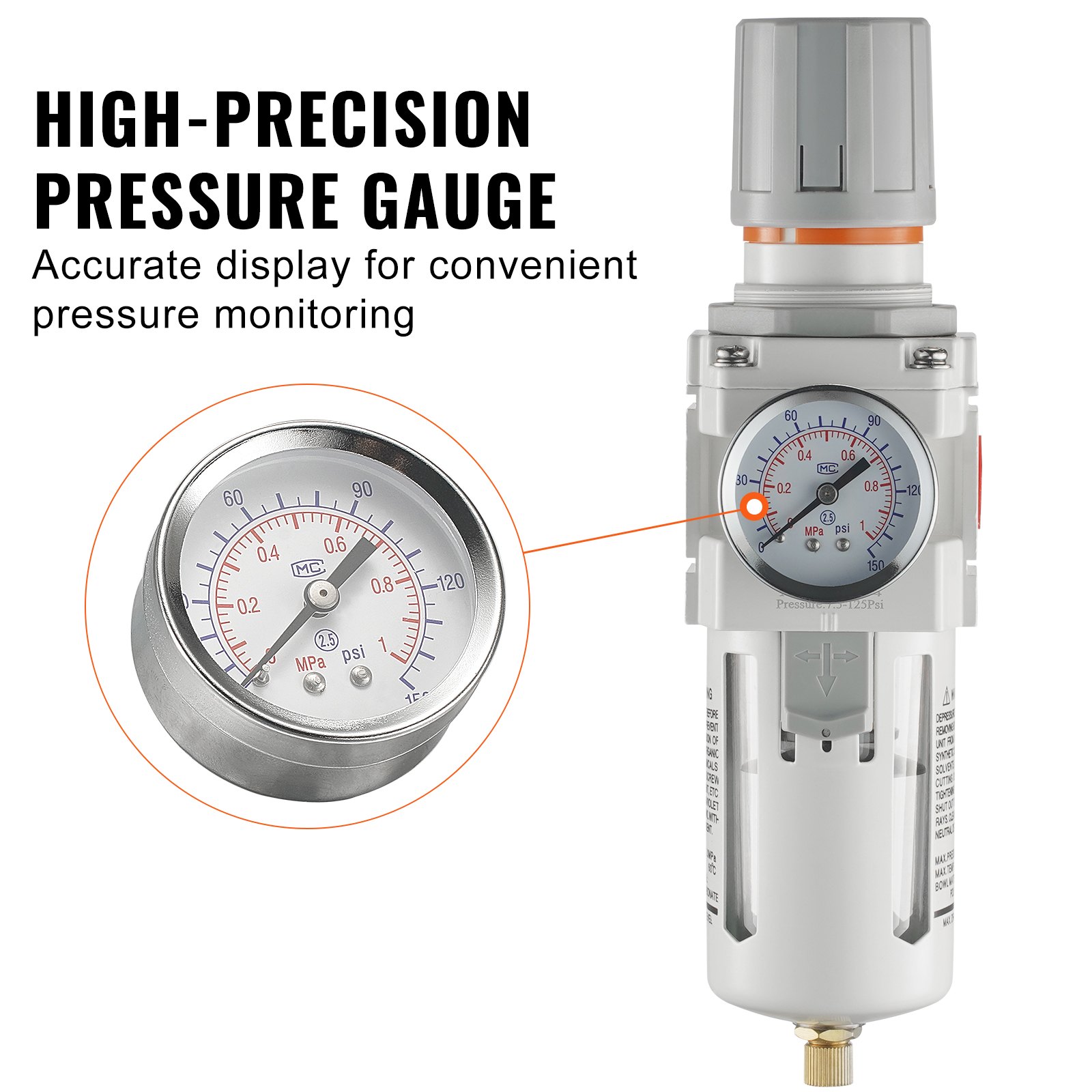 VEVOR Regulador de filtro de compresor de aire 1/2" NPT 5 μm compresor secador de aire separador de agua semiautomático de compresor de aire una sola etapa con elemento filtrante de latón, 7,5-125 PSI