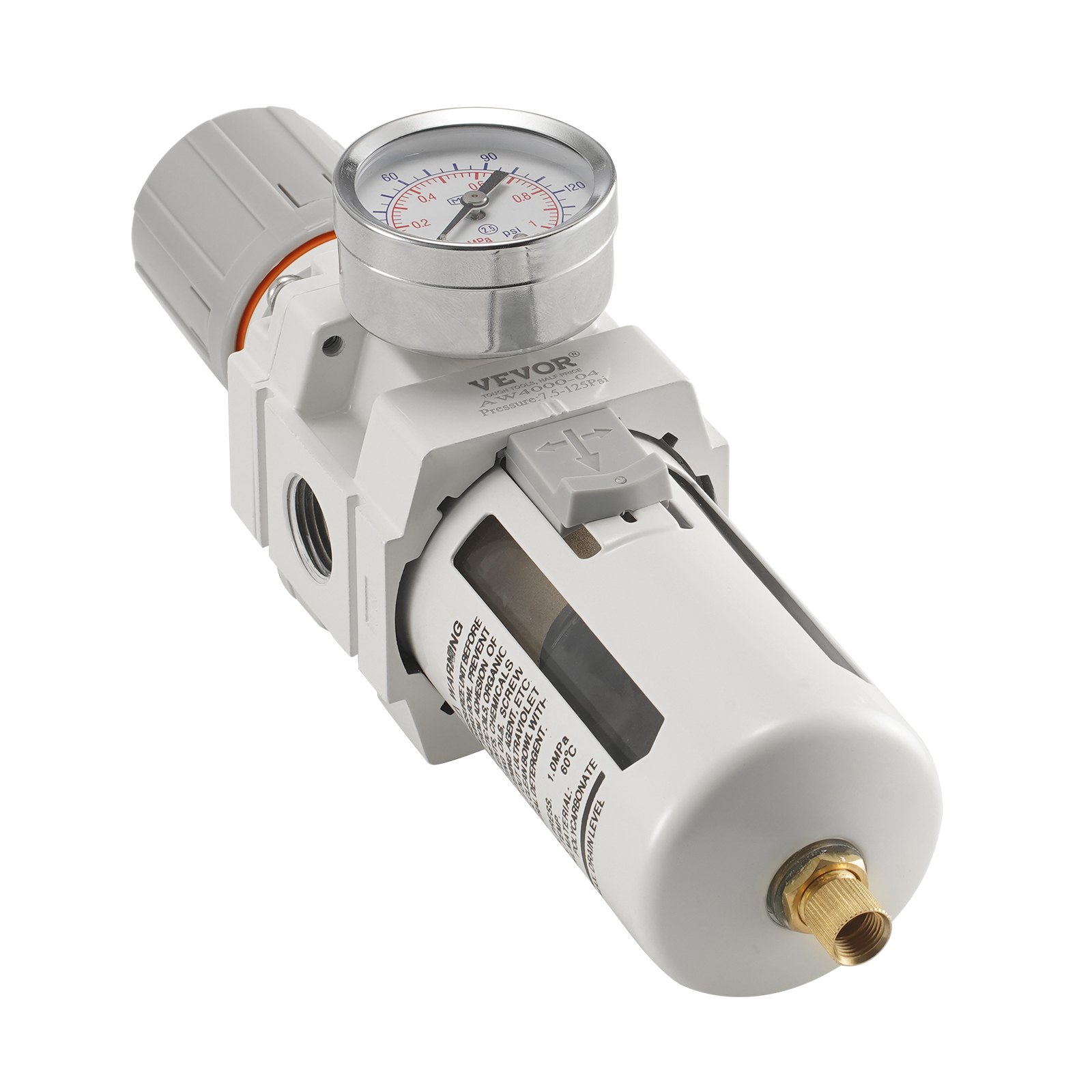 VEVOR Regulador de filtro de compresor de aire 1/2" NPT 5 μm compresor secador de aire separador de agua semiautomático de compresor de aire una sola etapa con elemento filtrante de latón, 7,5-125 PSI