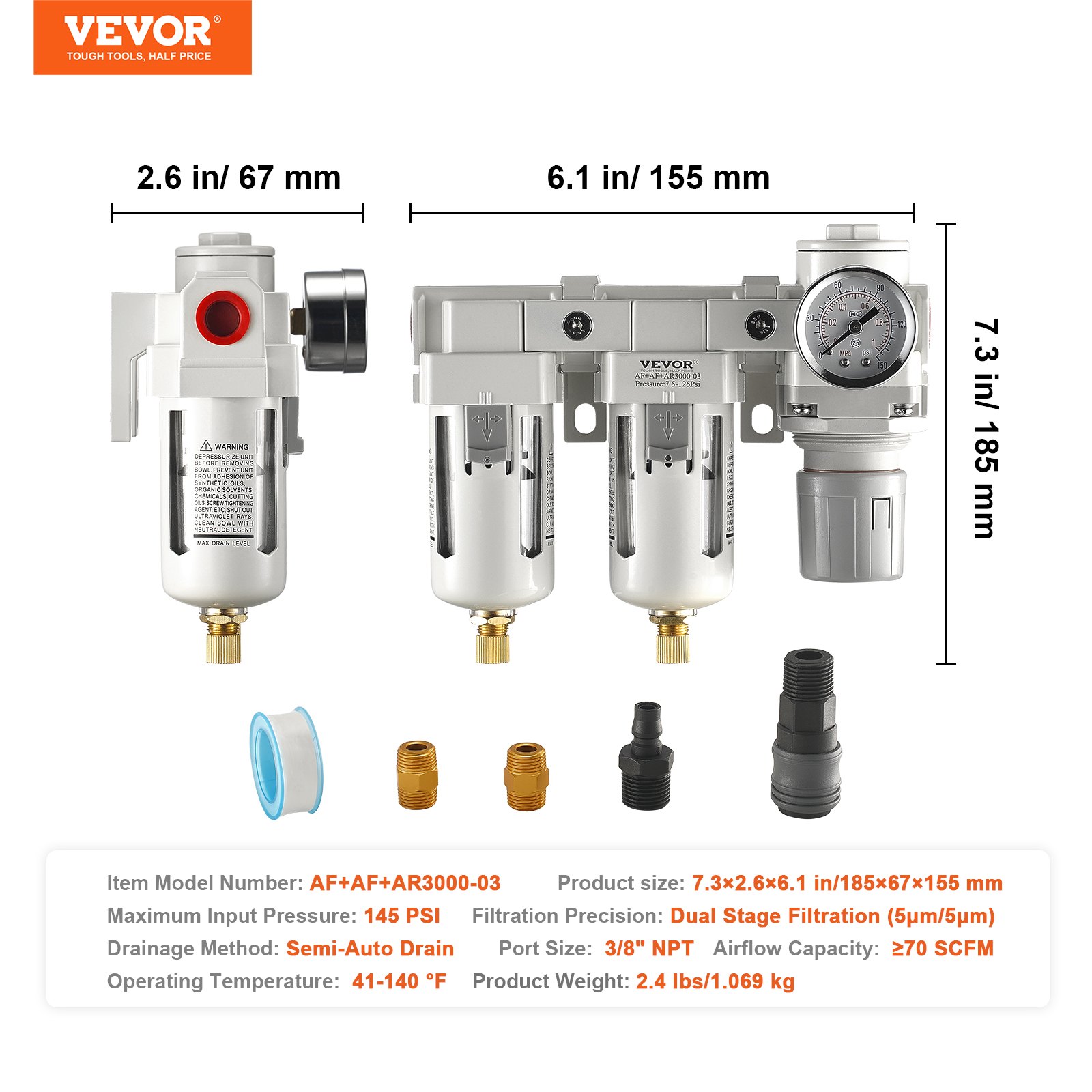 VEVOR Regulador de filtro de compresor de aire, separador de agua de compresor de aire 3/8" NPT 5μm, secado de aire de drenaje semiautomático con elemento filtrante de latón, doble etapa, 7,5-125 PSI