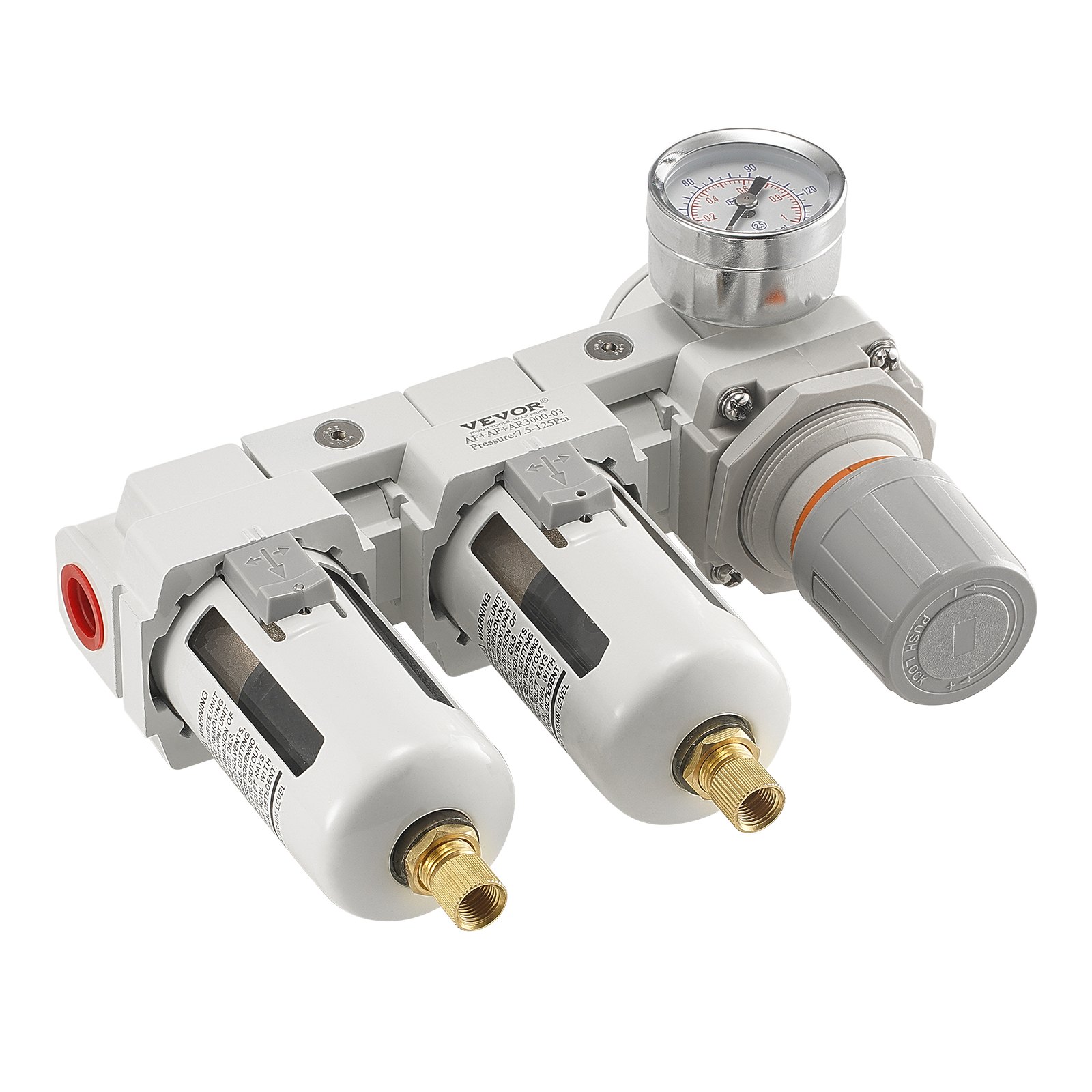 VEVOR Regulador de filtro de compresor de aire, separador de agua de compresor de aire 3/8" NPT 5μm, secado de aire de drenaje semiautomático con elemento filtrante de latón, doble etapa, 7,5-125 PSI