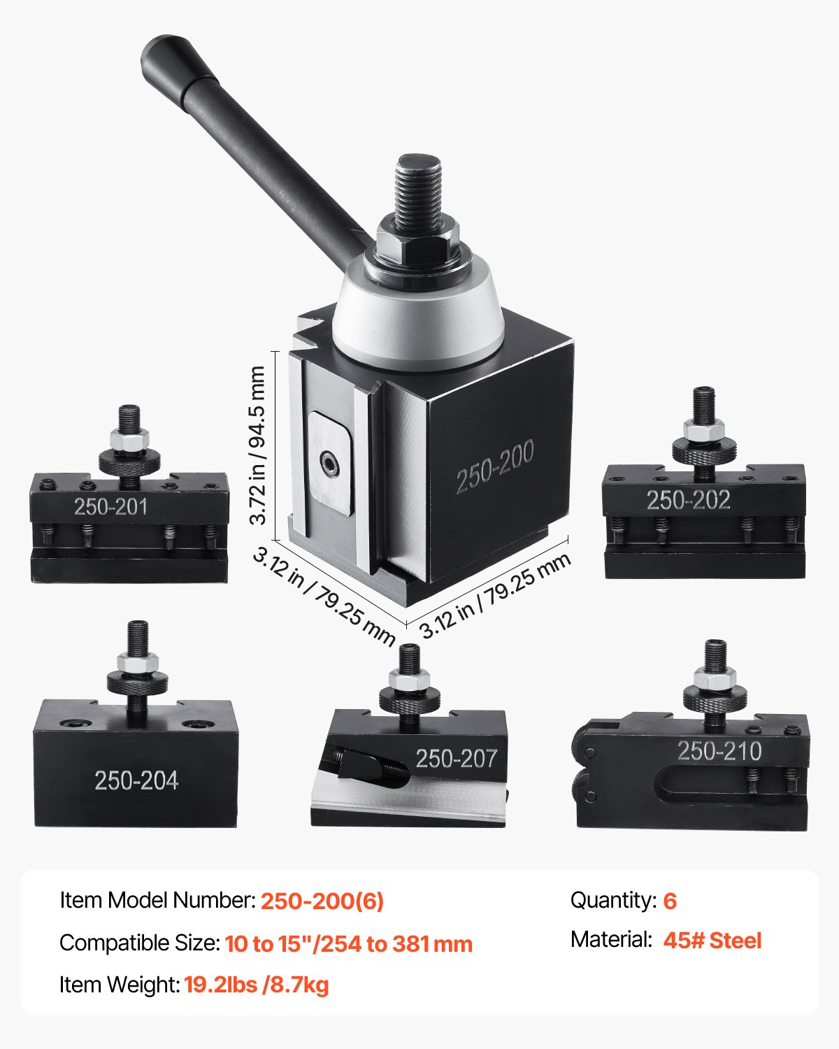 VEVOR Quick Change Tool Holder Set, 6-piece, tool holder for mini lathes and metal lathes with a swing diameter of 254 to 381 mm, ideal upgrade for your workshop