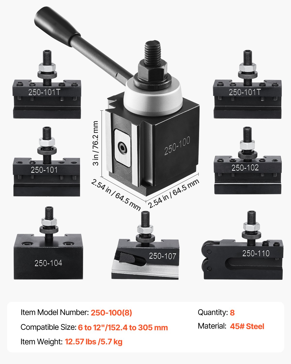 VEVOR Quick Change Tool Holder Set, 8-piece, Steel Holder, suitable for mini lathes and metal lathes with a swing diameter of 152.4 to 305 mm, ideal upgrade for your workshop