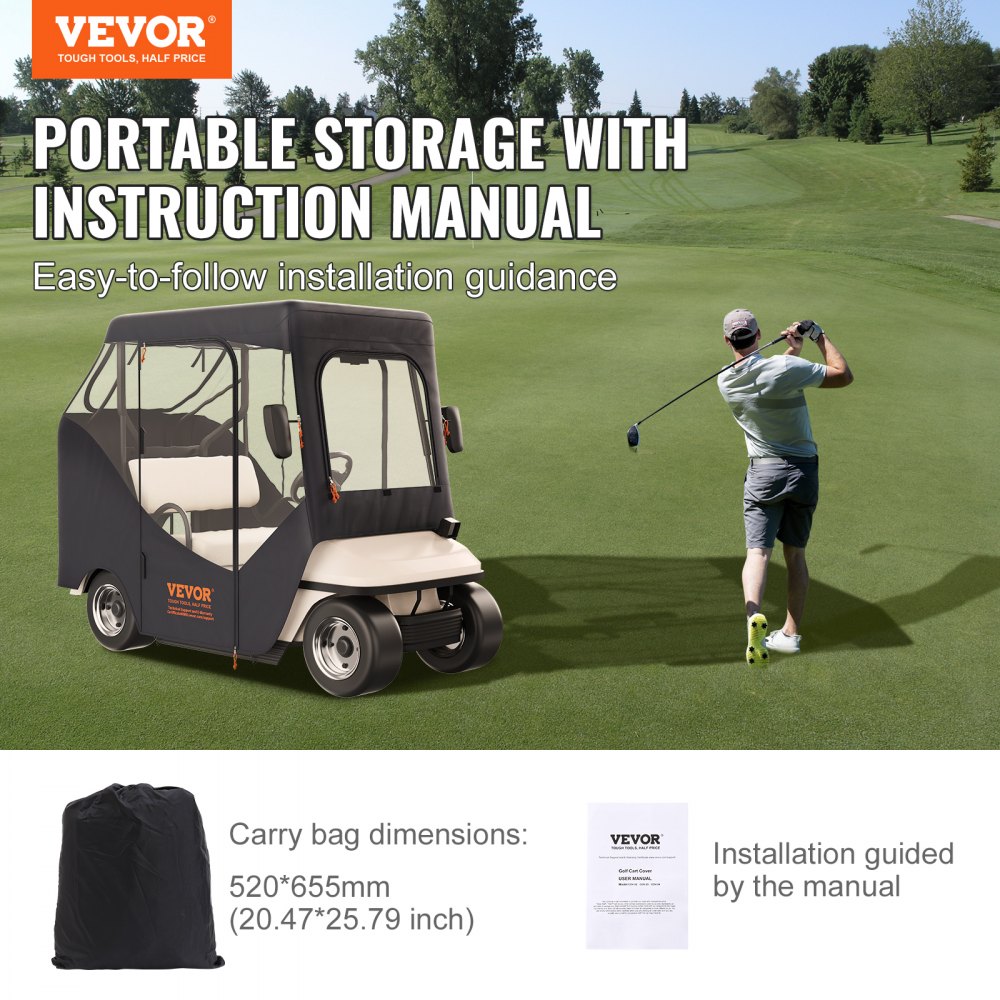 VEVOR Golf Cart Rain Cover, 1495 x 1230 mm, 600D Waterproof, Portable Storage Cover, Fits 2-Seater Golf Carts