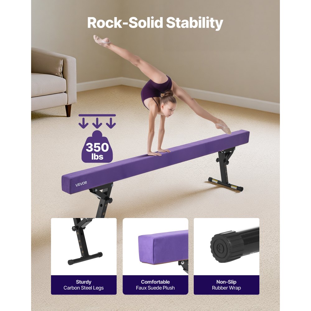 VEVOR Barra de Equilibrio para Niños, Altura Ajustable 5 Niveles de 170/380/470/540/565 mm, Carga hasta 158,7 kg, Color Morado, para la Coordinación y el Control Corporal, 2450 x 430 x 180 mm