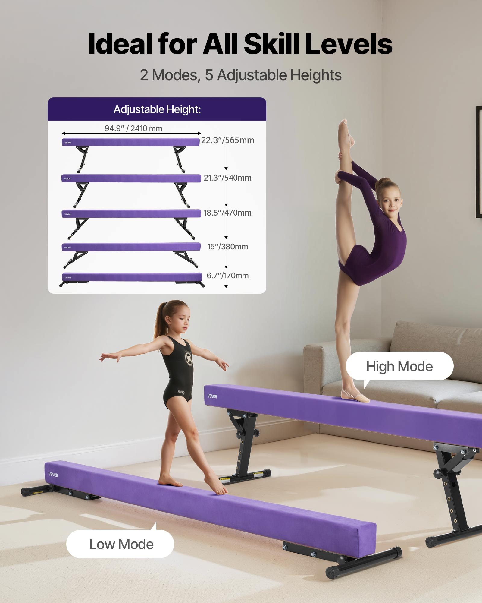 VEVOR Barra de Equilibrio para Niños, Altura Ajustable 5 Niveles de 170/380/470/540/565 mm, Carga hasta 158,7 kg, Color Morado, para la Coordinación y el Control Corporal, 2450 x 430 x 180 mm