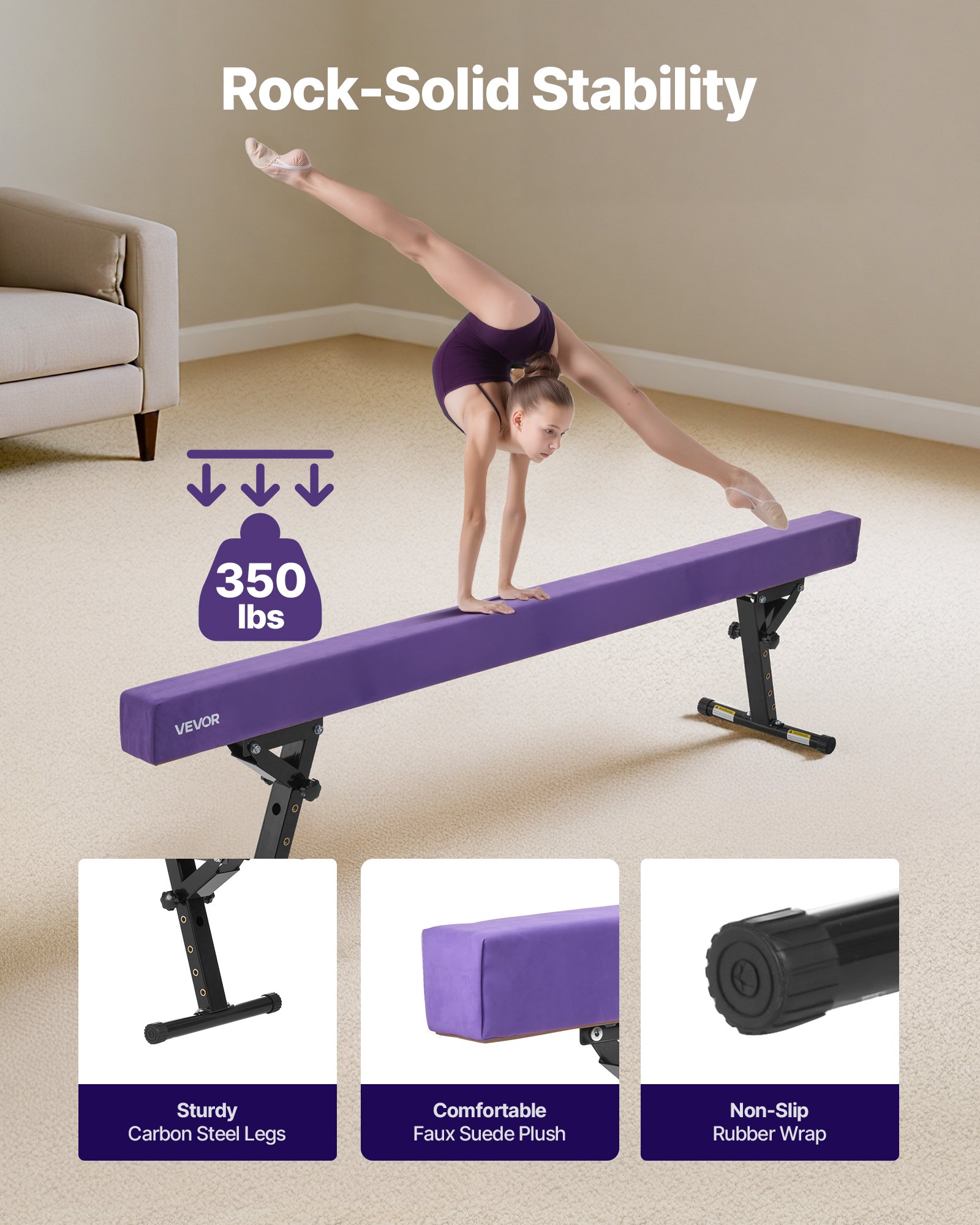 VEVOR Barra de Equilibrio para Niños, Altura Ajustable 5 Niveles de 170/380/470/540/565 mm, Carga hasta 158,7 kg, Color Morado, para la Coordinación y el Control Corporal, 2450 x 430 x 180 mm