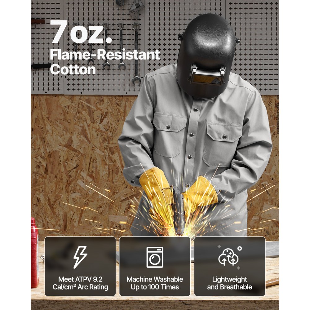 VEVOR Chaqueta de Soldadura Resistente al Fuego, Talla L, Algodón, Resistente al Calor Lavable a Máquina con Cuello, Puños y Bolsillos Ajustables, ATPV 9,2 cal/cm², 850,9 x 1295,4 x 647,7 mm, Gris