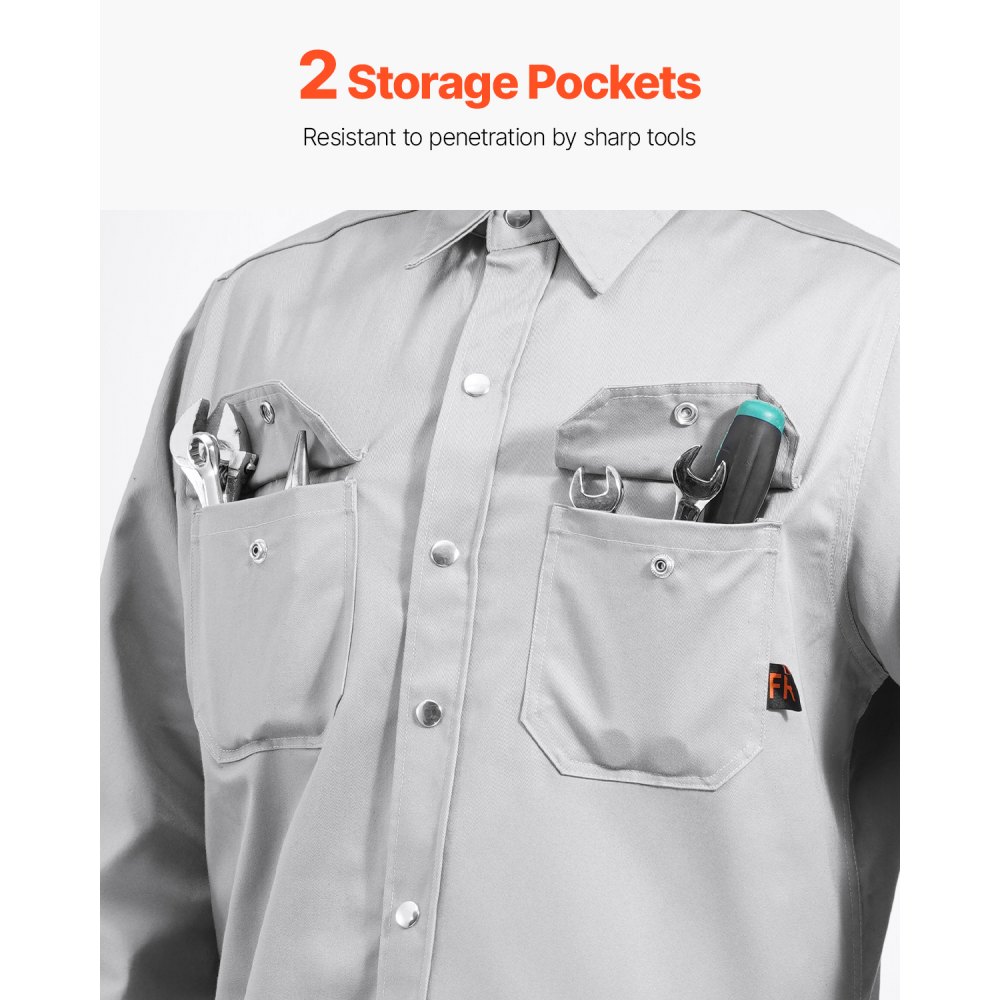 VEVOR Chaqueta de Soldadura Resistente al Fuego, Talla L, Algodón, Resistente al Calor Lavable a Máquina con Cuello, Puños y Bolsillos Ajustables, ATPV 9,2 cal/cm², 850,9 x 1295,4 x 647,7 mm, Gris