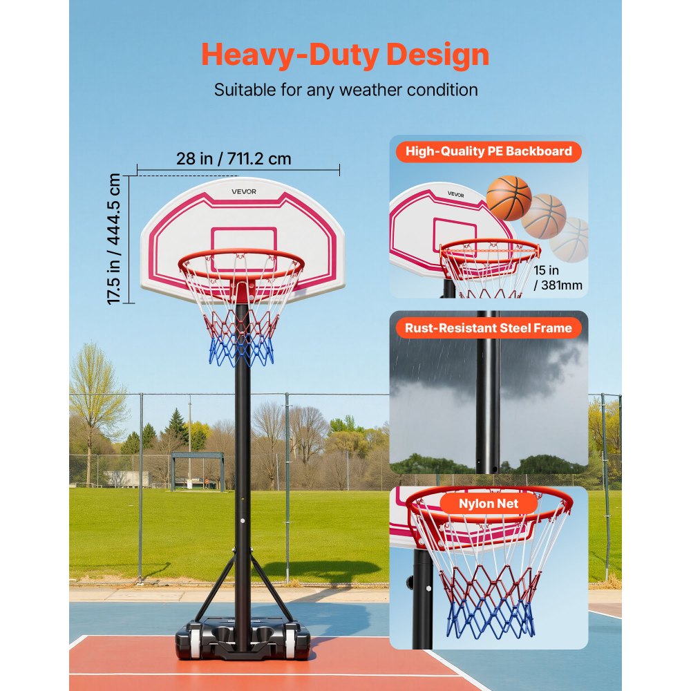 VEVOR Soporte de Baloncesto Portátil, Aro de Baloncesto Ajustable en Altura de 1,6 a 2,1 m, con Red de Nailon y Ruedas, para Patio o Piscina, 710 x 1260 x 2470 mm, para Diversión al Aire Libre