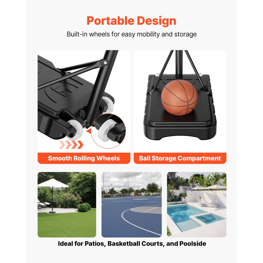VEVOR Soporte de Baloncesto Portátil, Aro de Baloncesto Ajustable en Altura de 1,6 a 2,1 m, con Red de Nailon y Ruedas, para Patio o Piscina, 710 x 1260 x 2470 mm, para Diversión al Aire Libre