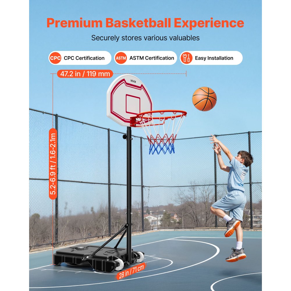 VEVOR Soporte de Baloncesto Portátil, Aro de Baloncesto Ajustable en Altura de 1,6 a 2,1 m, con Red de Nailon y Ruedas, para Patio o Piscina, 710 x 1260 x 2470 mm, para Diversión al Aire Libre