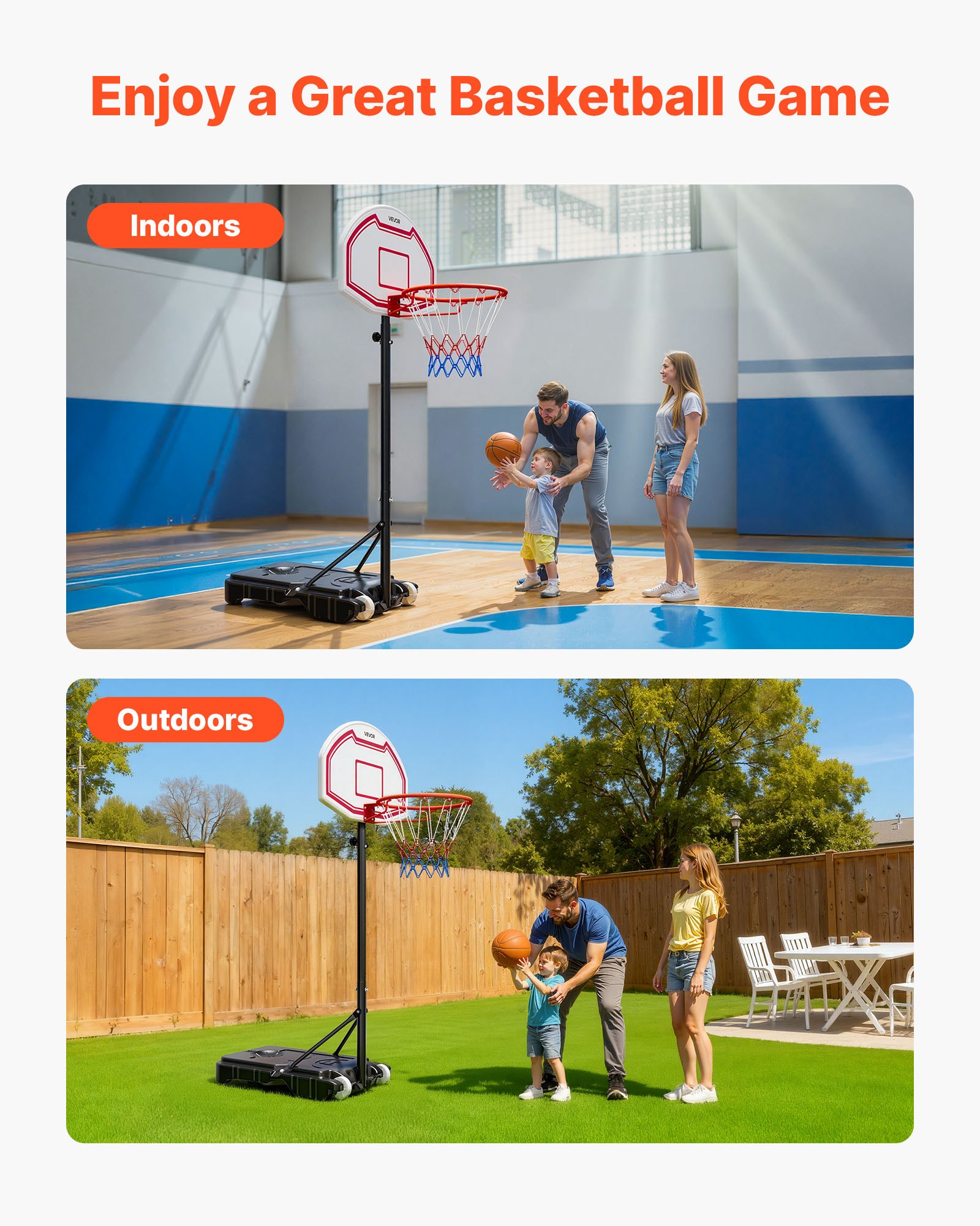 VEVOR Soporte de Baloncesto Portátil, Aro de Baloncesto Ajustable en Altura de 1,6 a 2,1 m, con Red de Nailon y Ruedas, para Patio o Piscina, 710 x 1260 x 2470 mm, para Diversión al Aire Libre