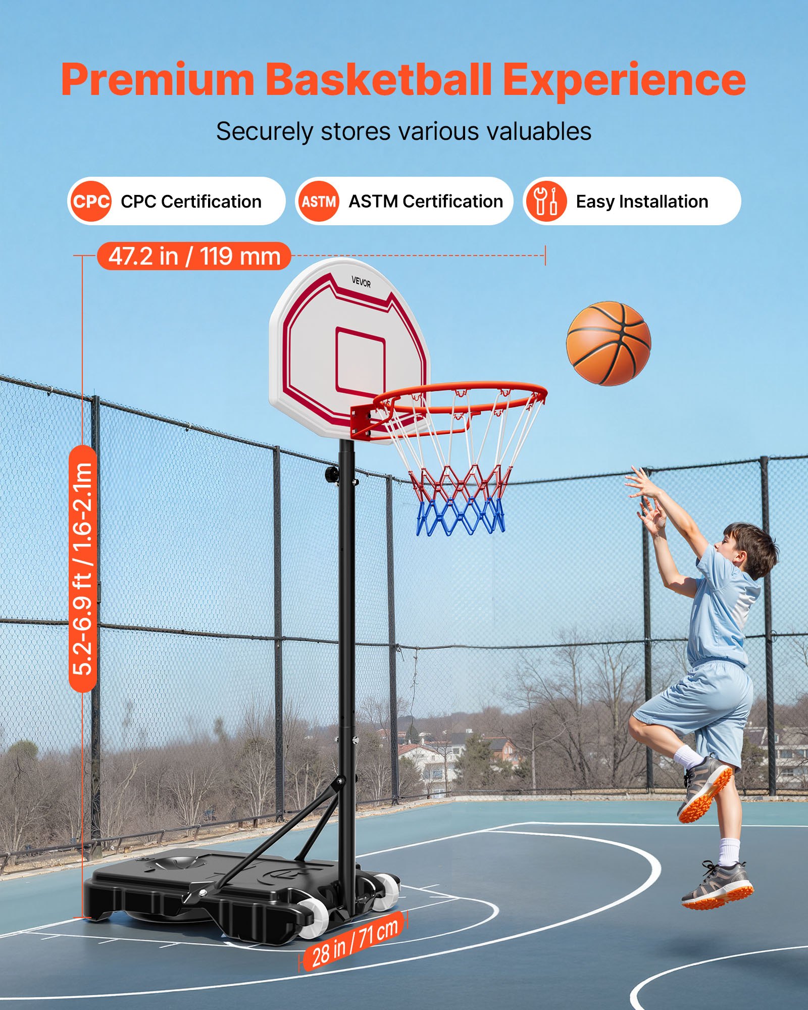 VEVOR Soporte de Baloncesto Portátil, Aro de Baloncesto Ajustable en Altura de 1,6 a 2,1 m, con Red de Nailon y Ruedas, para Patio o Piscina, 710 x 1260 x 2470 mm, para Diversión al Aire Libre