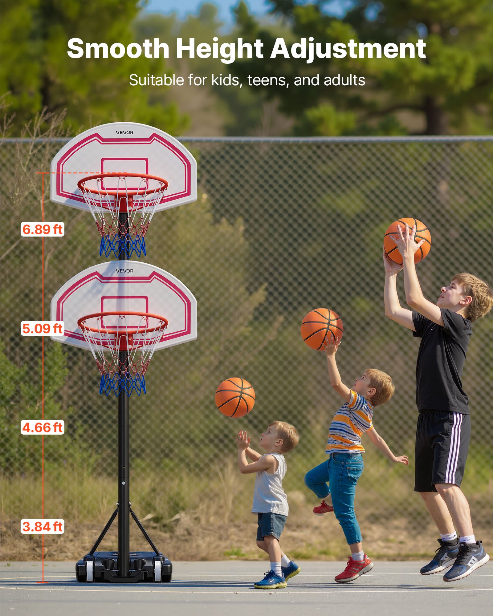 VEVOR Soporte de Baloncesto Portátil, Aro de Baloncesto Ajustable en Altura de 1,6 a 2,1 m, con Red de Nailon y Ruedas, para Patio o Piscina, 710 x 1260 x 2470 mm, para Diversión al Aire Libre