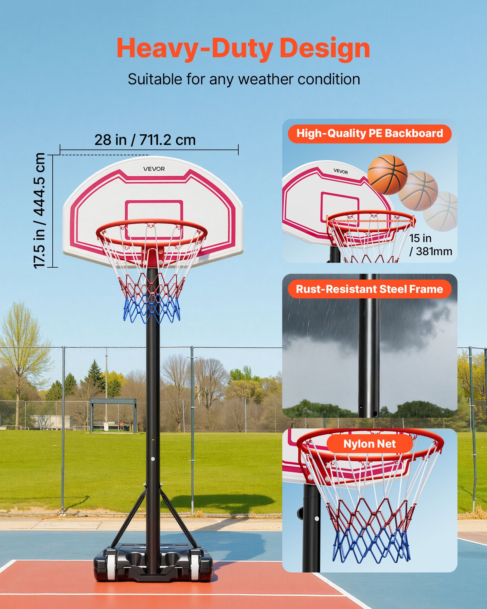 VEVOR Soporte de Baloncesto Portátil, Aro de Baloncesto Ajustable en Altura de 1,6 a 2,1 m, con Red de Nailon y Ruedas, para Patio o Piscina, 710 x 1260 x 2470 mm, para Diversión al Aire Libre