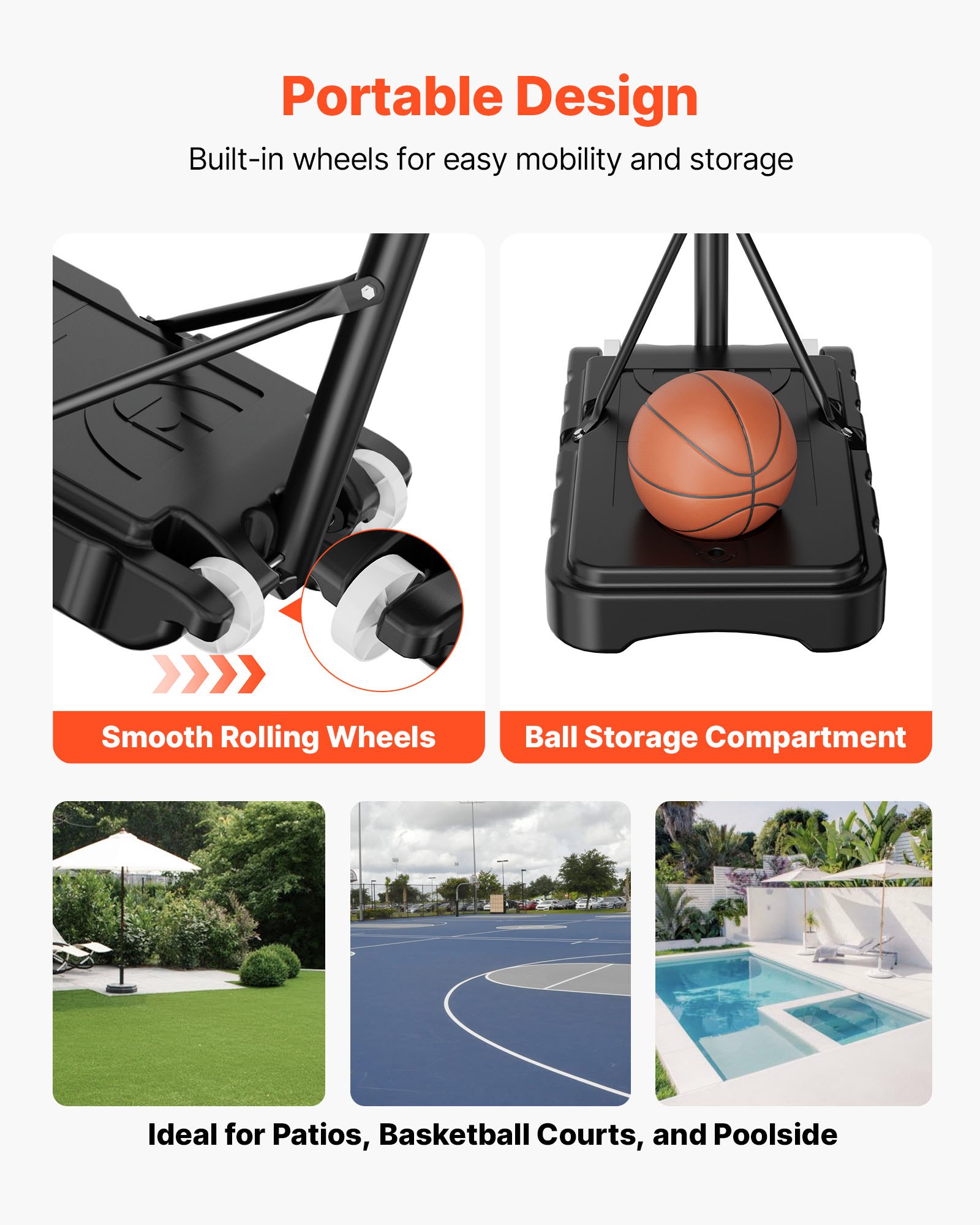 VEVOR Soporte de Baloncesto Portátil, Aro de Baloncesto Ajustable en Altura de 1,6 a 2,1 m, con Red de Nailon y Ruedas, para Patio o Piscina, 710 x 1260 x 2470 mm, para Diversión al Aire Libre