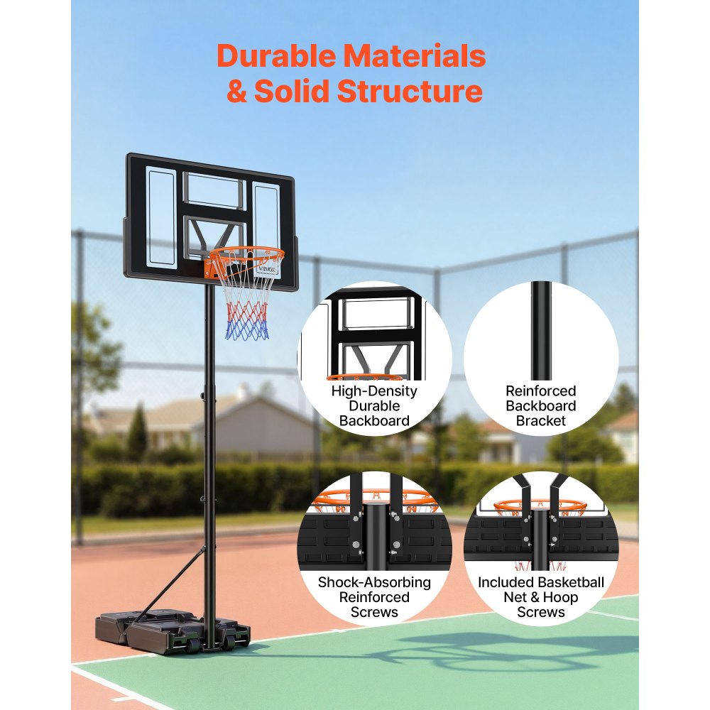 VEVOR Soporte de Baloncesto Portátil, Aro de Baloncesto Ajustable en Altura 1,35 a 3,05 m, con Red de Nailon y Ruedas, para Patio o Piscina, para Diversión al Aire Libre, 1100 x 1720 x 3600 mm