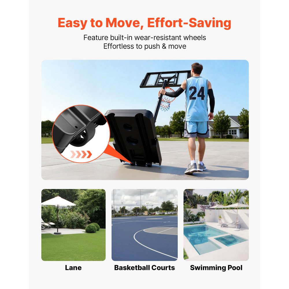 VEVOR Soporte de Baloncesto Portátil, Aro de Baloncesto Ajustable en Altura 1,35 a 3,05 m, con Red de Nailon y Ruedas, para Patio o Piscina, para Diversión al Aire Libre, 1100 x 1720 x 3600 mm