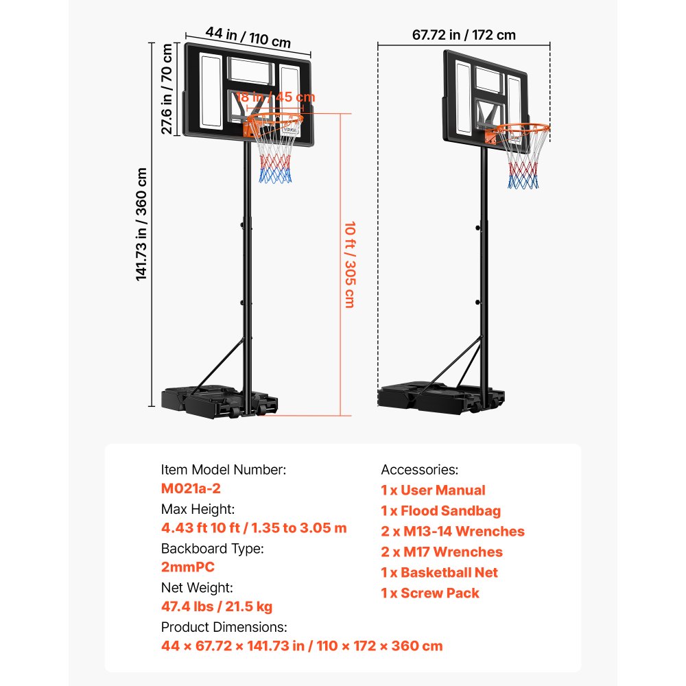 VEVOR Soporte de Baloncesto Portátil, Aro de Baloncesto Ajustable en Altura 1,35 a 3,05 m, con Red de Nailon y Ruedas, para Patio o Piscina, para Diversión al Aire Libre, 1100 x 1720 x 3600 mm