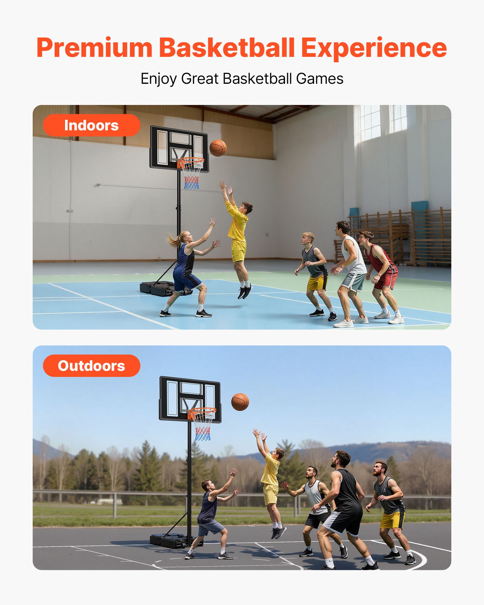 VEVOR Soporte de Baloncesto Portátil, Aro de Baloncesto Ajustable en Altura 1,35 a 3,05 m, con Red de Nailon y Ruedas, para Patio o Piscina, para Diversión al Aire Libre, 1100 x 1720 x 3600 mm
