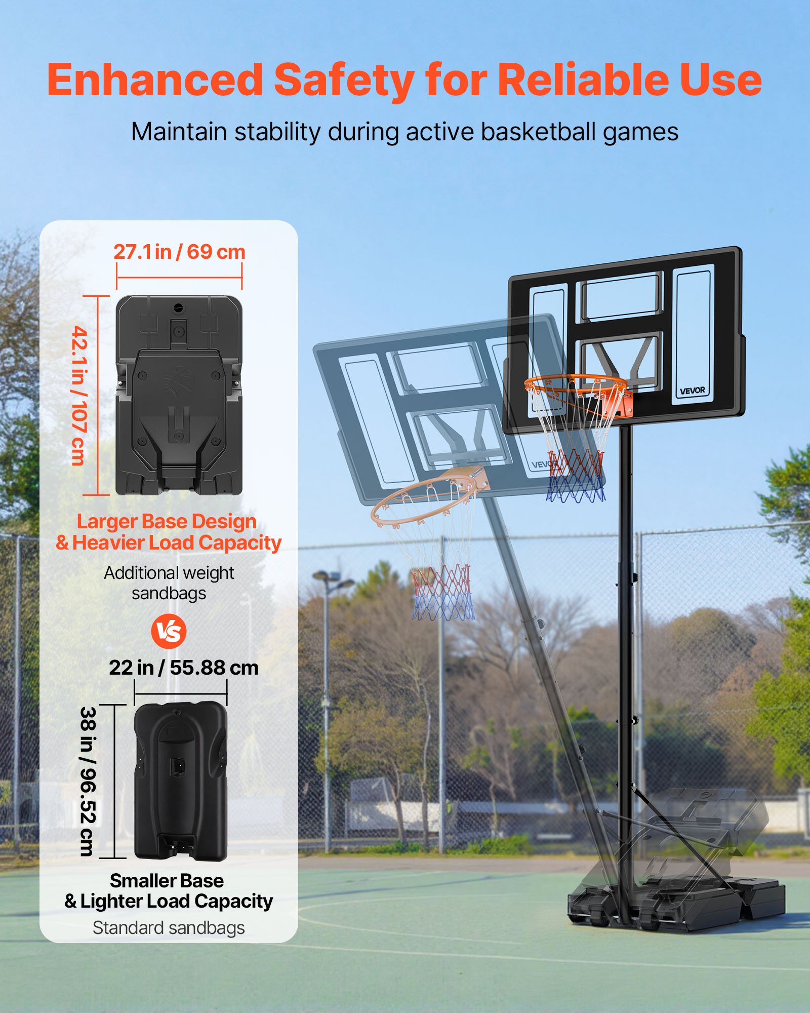 VEVOR Soporte de Baloncesto Portátil, Aro de Baloncesto Ajustable en Altura 1,35 a 3,05 m, con Red de Nailon y Ruedas, para Patio o Piscina, para Diversión al Aire Libre, 1100 x 1720 x 3600 mm