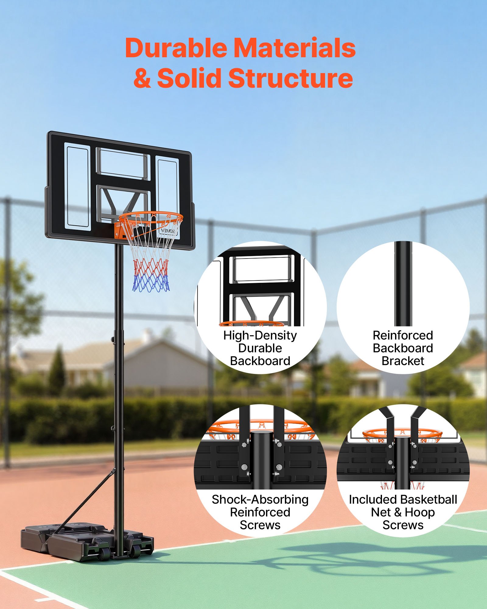 VEVOR Soporte de Baloncesto Portátil, Aro de Baloncesto Ajustable en Altura 1,35 a 3,05 m, con Red de Nailon y Ruedas, para Patio o Piscina, para Diversión al Aire Libre, 1100 x 1720 x 3600 mm