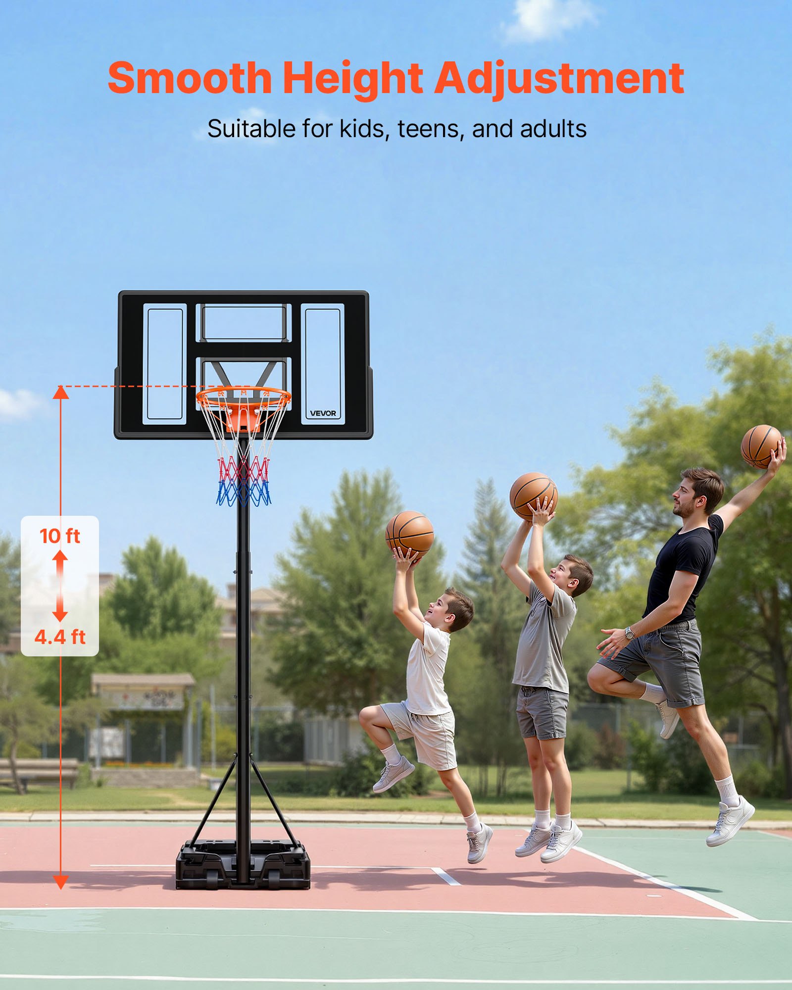 VEVOR Soporte de Baloncesto Portátil, Aro de Baloncesto Ajustable en Altura 1,35 a 3,05 m, con Red de Nailon y Ruedas, para Patio o Piscina, para Diversión al Aire Libre, 1100 x 1720 x 3600 mm