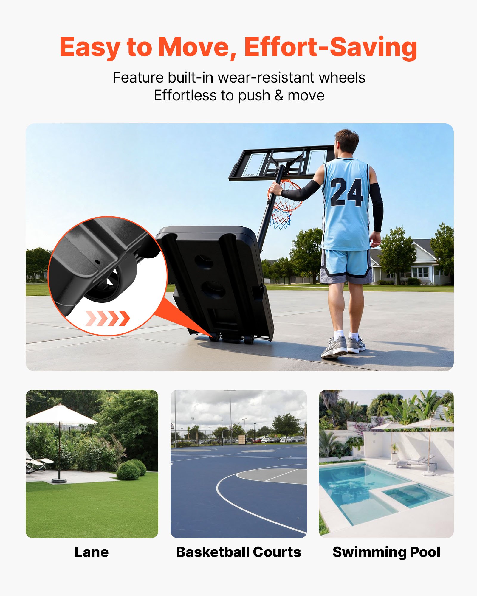 VEVOR Soporte de Baloncesto Portátil, Aro de Baloncesto Ajustable en Altura 1,35 a 3,05 m, con Red de Nailon y Ruedas, para Patio o Piscina, para Diversión al Aire Libre, 1100 x 1720 x 3600 mm