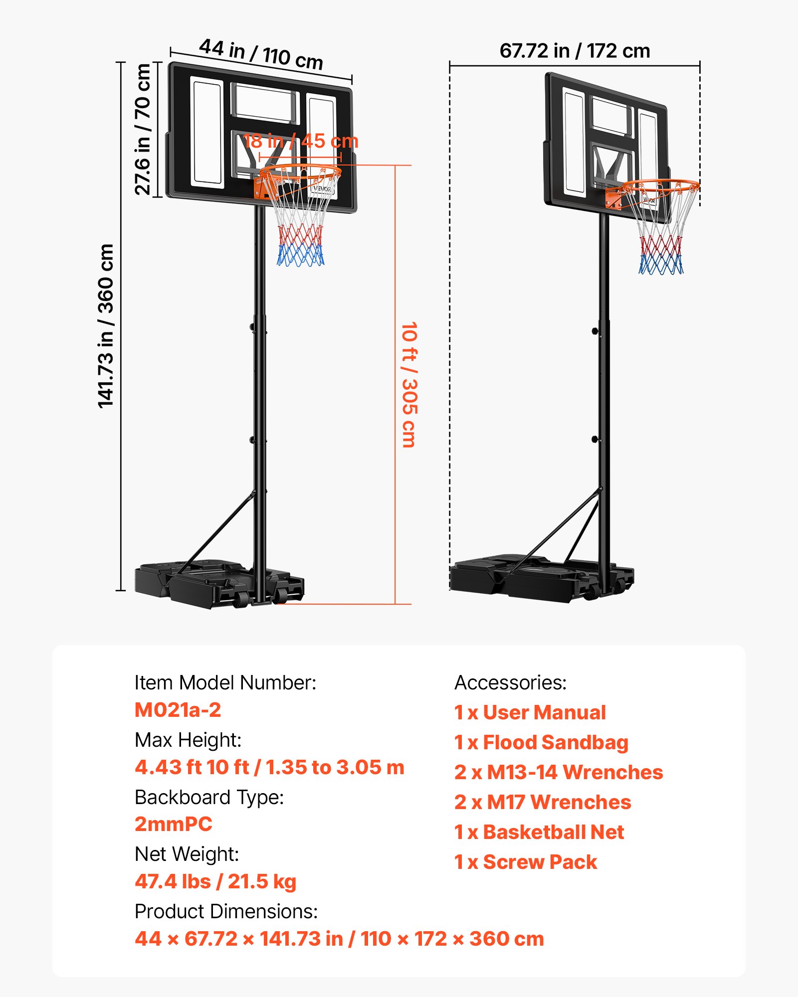 VEVOR Soporte de Baloncesto Portátil, Aro de Baloncesto Ajustable en Altura 1,35 a 3,05 m, con Red de Nailon y Ruedas, para Patio o Piscina, para Diversión al Aire Libre, 1100 x 1720 x 3600 mm