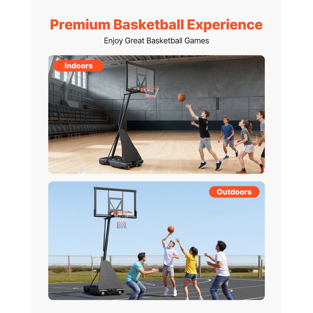 VEVOR Canasta de Baloncesto Altura Ajustable 2,3 a 3,05 m, Soporte de Baloncesto Portátil con Ruedas, Tablero de 1,3 m, Base Rellenable, Acero Reforzado para Niños Adultos Colegio Interior Exterior