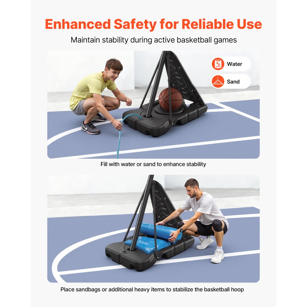 VEVOR Canasta de Baloncesto Altura Ajustable 2,3 a 3,05 m, Soporte de Baloncesto Portátil con Ruedas, Tablero de 1,3 m, Base Rellenable, Acero Reforzado para Niños Adultos Colegio Interior Exterior